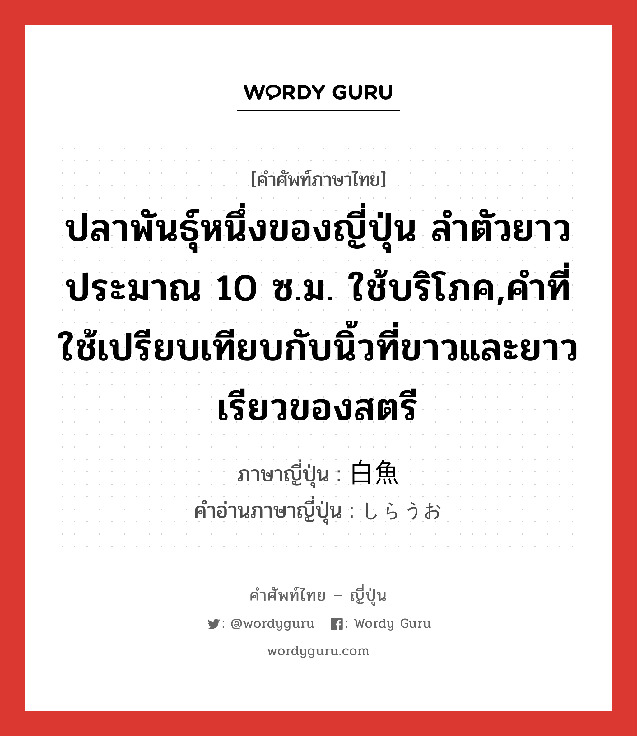 ปลาพันธุ์หนึ่งของญี่ปุ่น ลำตัวยาวประมาณ 10 ซ.ม. ใช้บริโภค,คำที่ใช้เปรียบเทียบกับนิ้วที่ขาวและยาวเรียวของสตรี ภาษาญี่ปุ่นคืออะไร, คำศัพท์ภาษาไทย - ญี่ปุ่น ปลาพันธุ์หนึ่งของญี่ปุ่น ลำตัวยาวประมาณ 10 ซ.ม. ใช้บริโภค,คำที่ใช้เปรียบเทียบกับนิ้วที่ขาวและยาวเรียวของสตรี ภาษาญี่ปุ่น 白魚 คำอ่านภาษาญี่ปุ่น しらうお หมวด n หมวด n