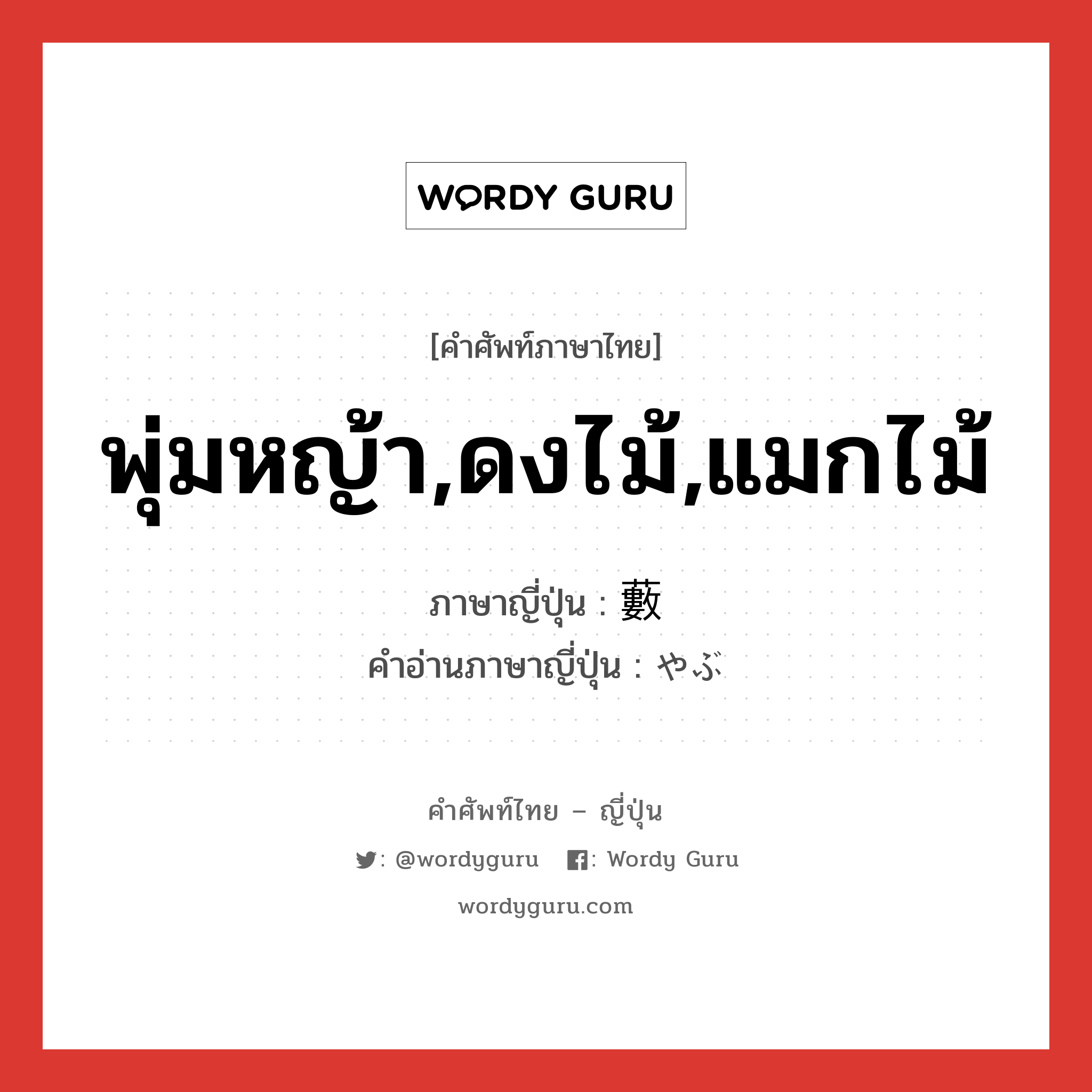 พุ่มหญ้า,ดงไม้,แมกไม้ ภาษาญี่ปุ่นคืออะไร, คำศัพท์ภาษาไทย - ญี่ปุ่น พุ่มหญ้า,ดงไม้,แมกไม้ ภาษาญี่ปุ่น 藪 คำอ่านภาษาญี่ปุ่น やぶ หมวด n หมวด n