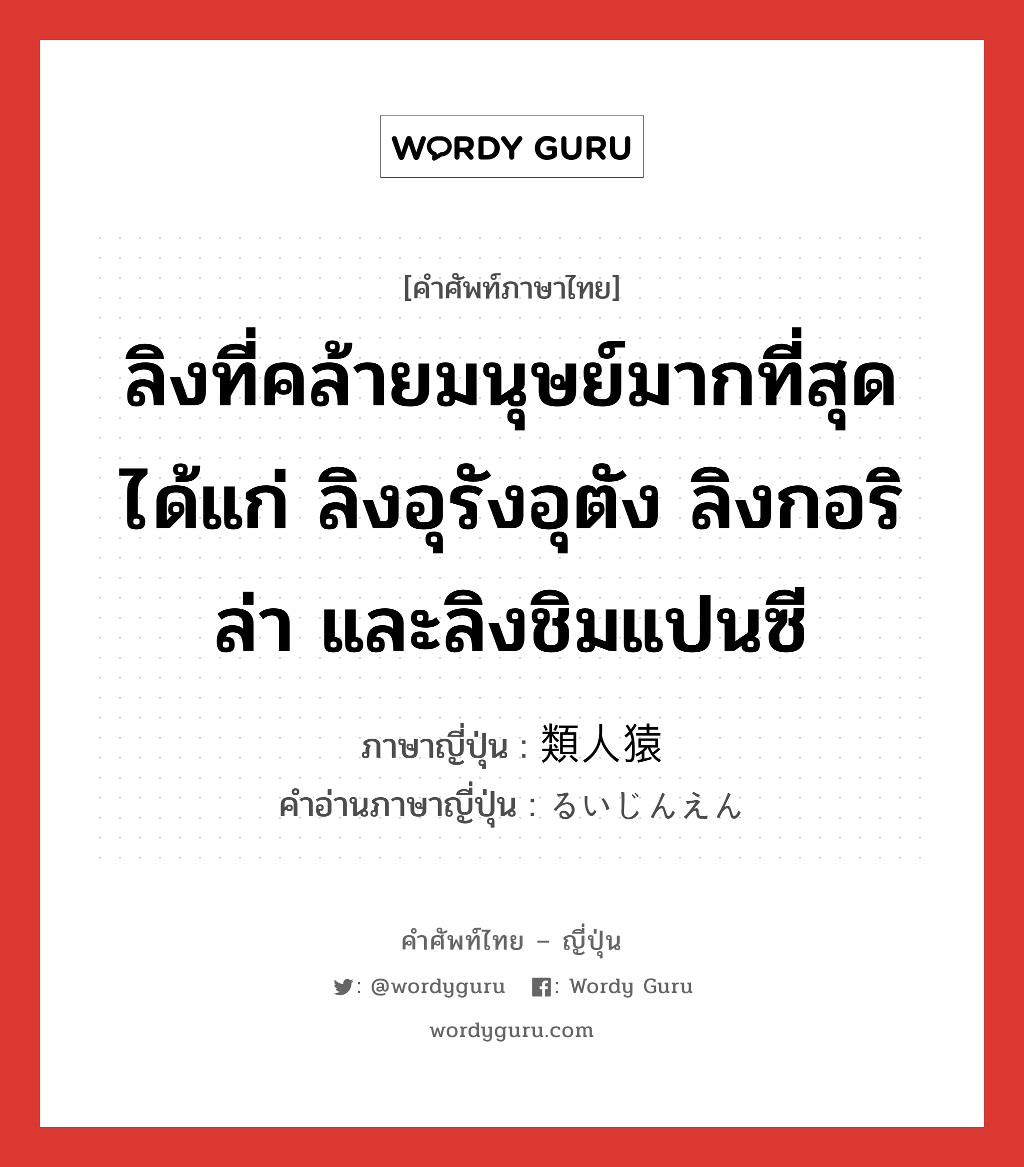 ลิงที่คล้ายมนุษย์มากที่สุด ได้แก่ ลิงอุรังอุตัง ลิงกอริล่า และลิงชิมแปนซี ภาษาญี่ปุ่นคืออะไร, คำศัพท์ภาษาไทย - ญี่ปุ่น ลิงที่คล้ายมนุษย์มากที่สุด ได้แก่ ลิงอุรังอุตัง ลิงกอริล่า และลิงชิมแปนซี ภาษาญี่ปุ่น 類人猿 คำอ่านภาษาญี่ปุ่น るいじんえん หมวด n หมวด n