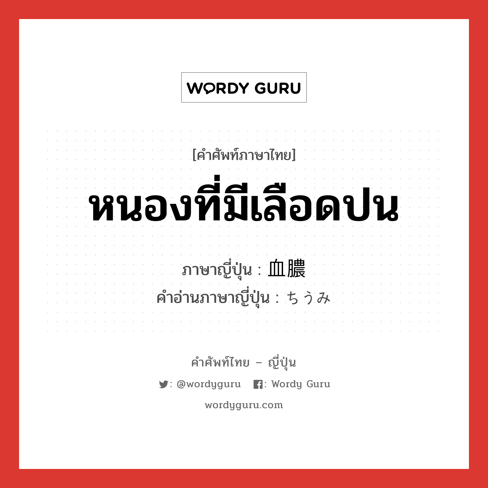 หนองที่มีเลือดปน ภาษาญี่ปุ่นคืออะไร, คำศัพท์ภาษาไทย - ญี่ปุ่น หนองที่มีเลือดปน ภาษาญี่ปุ่น 血膿 คำอ่านภาษาญี่ปุ่น ちうみ หมวด n หมวด n