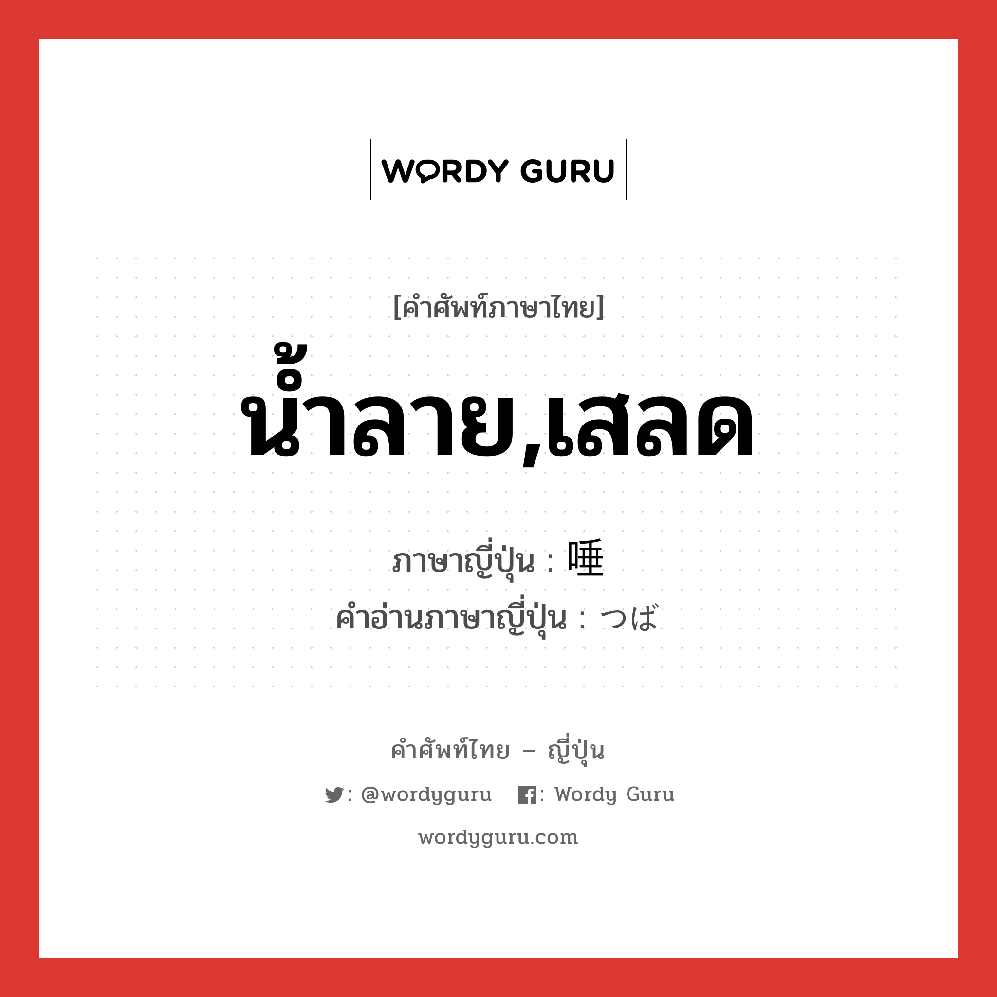 น้ำลาย,เสลด ภาษาญี่ปุ่นคืออะไร, คำศัพท์ภาษาไทย - ญี่ปุ่น น้ำลาย,เสลด ภาษาญี่ปุ่น 唾 คำอ่านภาษาญี่ปุ่น つば หมวด n หมวด n