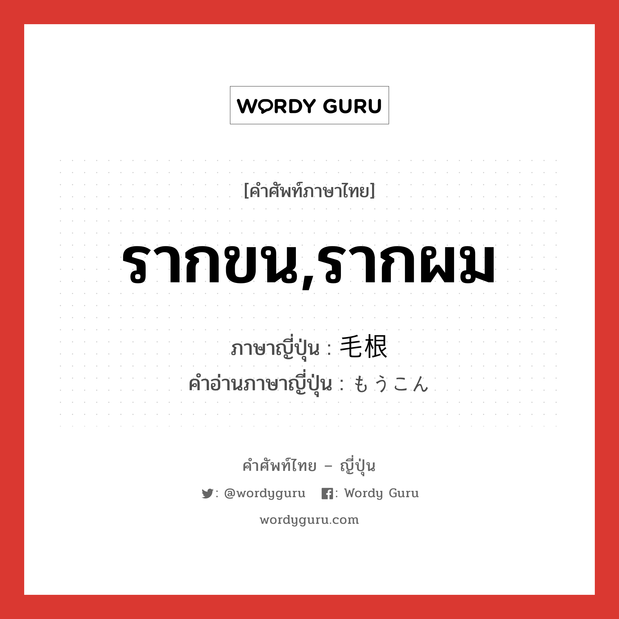 รากขน,รากผม ภาษาญี่ปุ่นคืออะไร, คำศัพท์ภาษาไทย - ญี่ปุ่น รากขน,รากผม ภาษาญี่ปุ่น 毛根 คำอ่านภาษาญี่ปุ่น もうこん หมวด n หมวด n