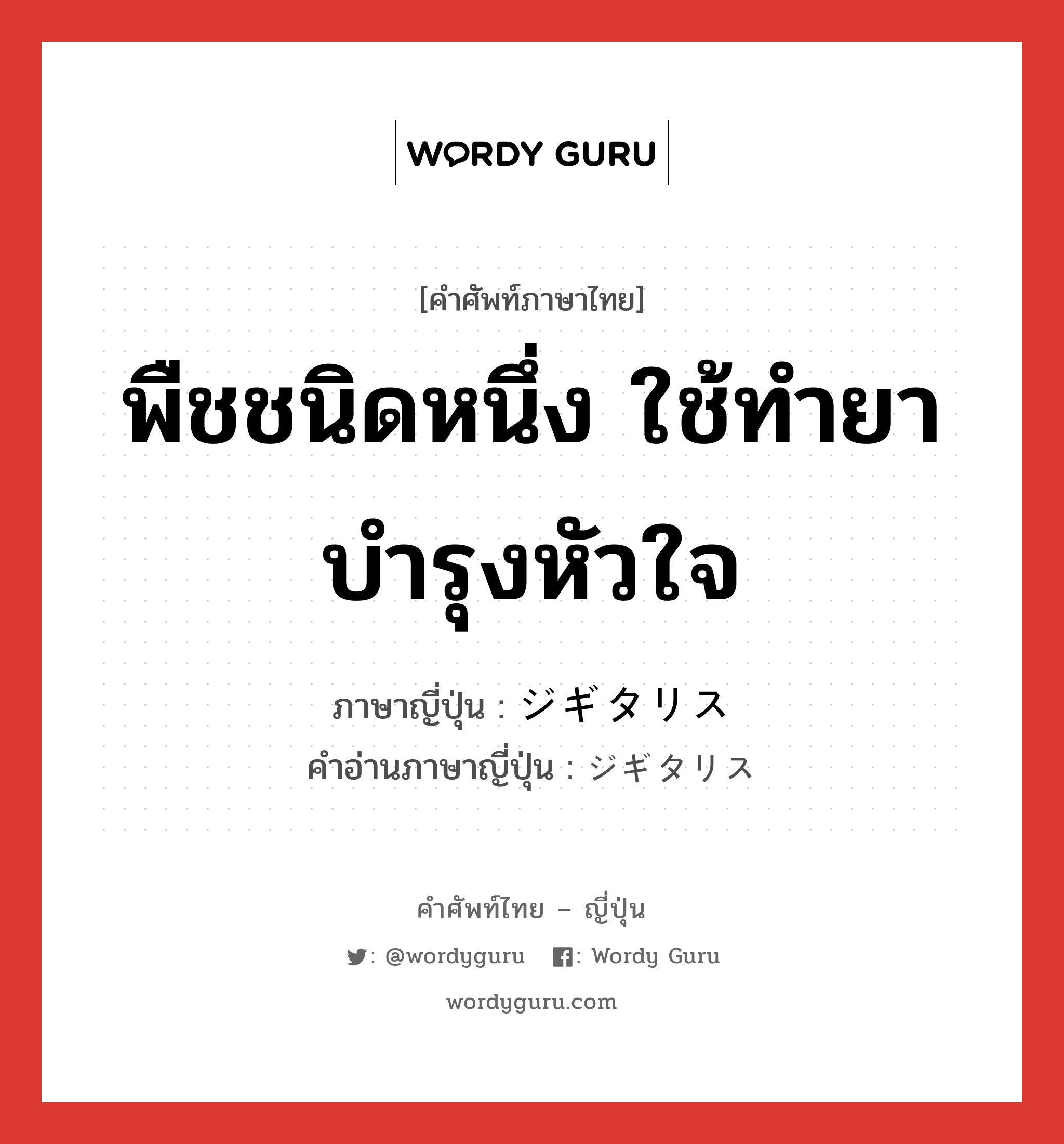 พืชชนิดหนึ่ง ใช้ทำยาบำรุงหัวใจ ภาษาญี่ปุ่นคืออะไร, คำศัพท์ภาษาไทย - ญี่ปุ่น พืชชนิดหนึ่ง ใช้ทำยาบำรุงหัวใจ ภาษาญี่ปุ่น ジギタリス คำอ่านภาษาญี่ปุ่น ジギタリス หมวด n หมวด n