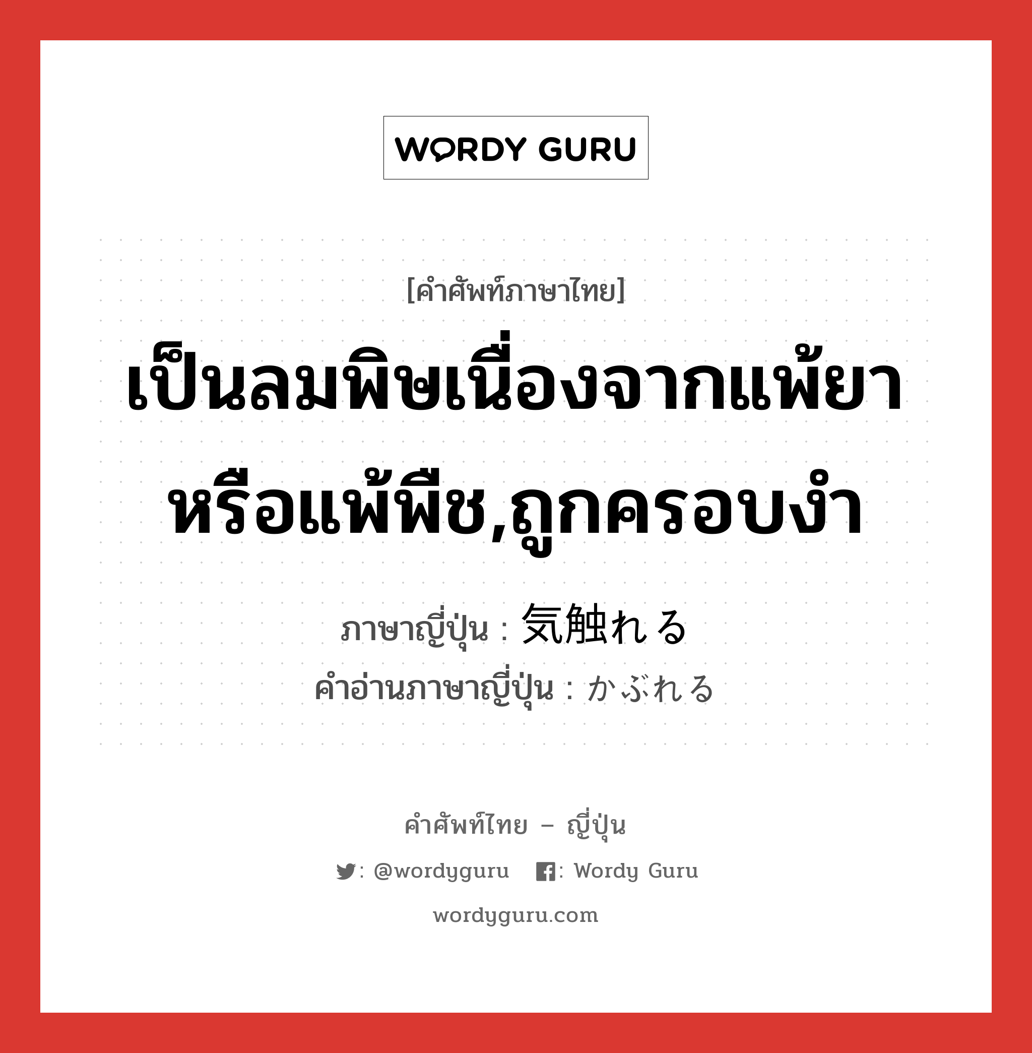 เป็นลมพิษเนื่องจากแพ้ยาหรือแพ้พืช,ถูกครอบงำ ภาษาญี่ปุ่นคืออะไร, คำศัพท์ภาษาไทย - ญี่ปุ่น เป็นลมพิษเนื่องจากแพ้ยาหรือแพ้พืช,ถูกครอบงำ ภาษาญี่ปุ่น 気触れる คำอ่านภาษาญี่ปุ่น かぶれる หมวด v1 หมวด v1