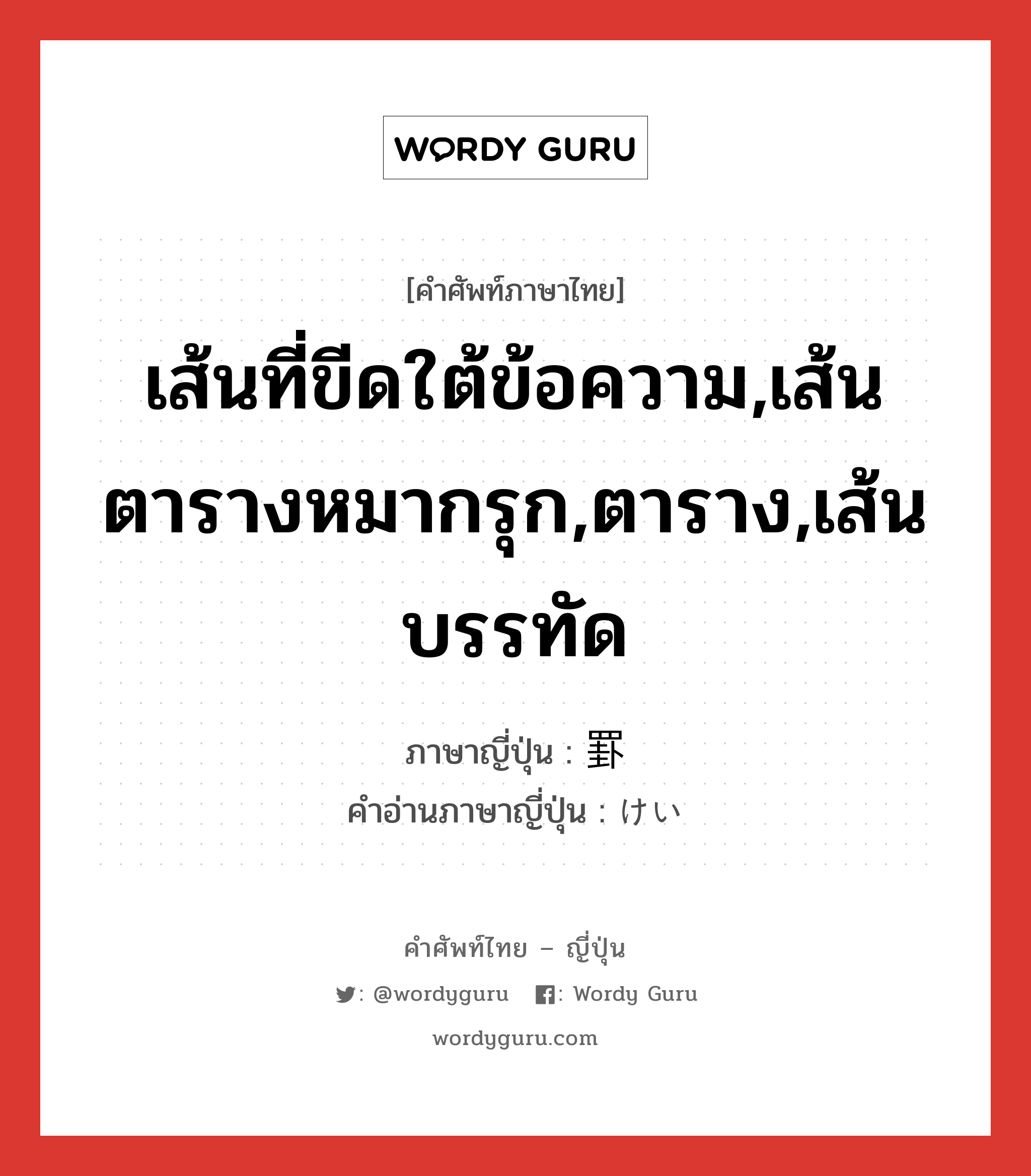 เส้นที่ขีดใต้ข้อความ,เส้นตารางหมากรุก,ตาราง,เส้นบรรทัด ภาษาญี่ปุ่นคืออะไร, คำศัพท์ภาษาไทย - ญี่ปุ่น เส้นที่ขีดใต้ข้อความ,เส้นตารางหมากรุก,ตาราง,เส้นบรรทัด ภาษาญี่ปุ่น 罫 คำอ่านภาษาญี่ปุ่น けい หมวด n หมวด n