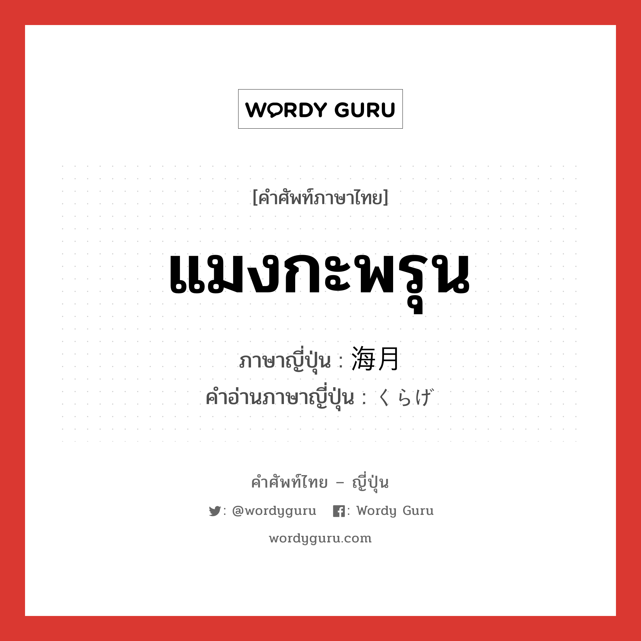 แมงกะพรุน ภาษาญี่ปุ่นคืออะไร, คำศัพท์ภาษาไทย - ญี่ปุ่น แมงกะพรุน ภาษาญี่ปุ่น 海月 คำอ่านภาษาญี่ปุ่น くらげ หมวด n หมวด n