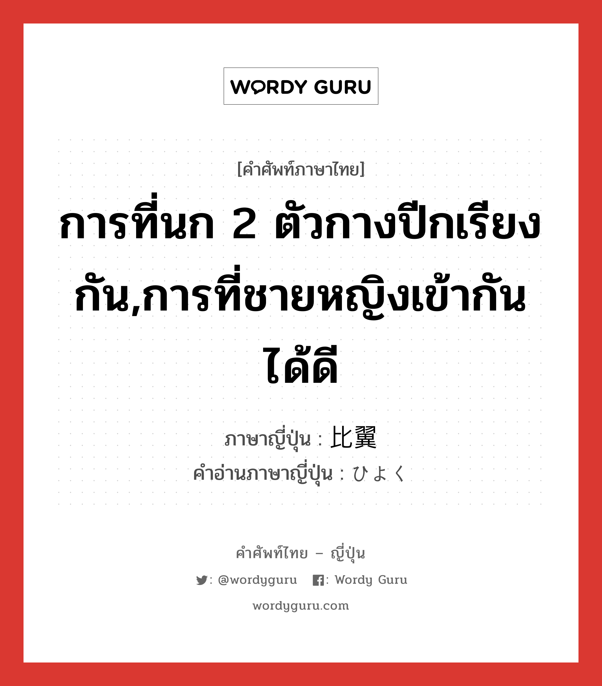 การที่นก 2 ตัวกางปีกเรียงกัน,การที่ชายหญิงเข้ากันได้ดี ภาษาญี่ปุ่นคืออะไร, คำศัพท์ภาษาไทย - ญี่ปุ่น การที่นก 2 ตัวกางปีกเรียงกัน,การที่ชายหญิงเข้ากันได้ดี ภาษาญี่ปุ่น 比翼 คำอ่านภาษาญี่ปุ่น ひよく หมวด n หมวด n