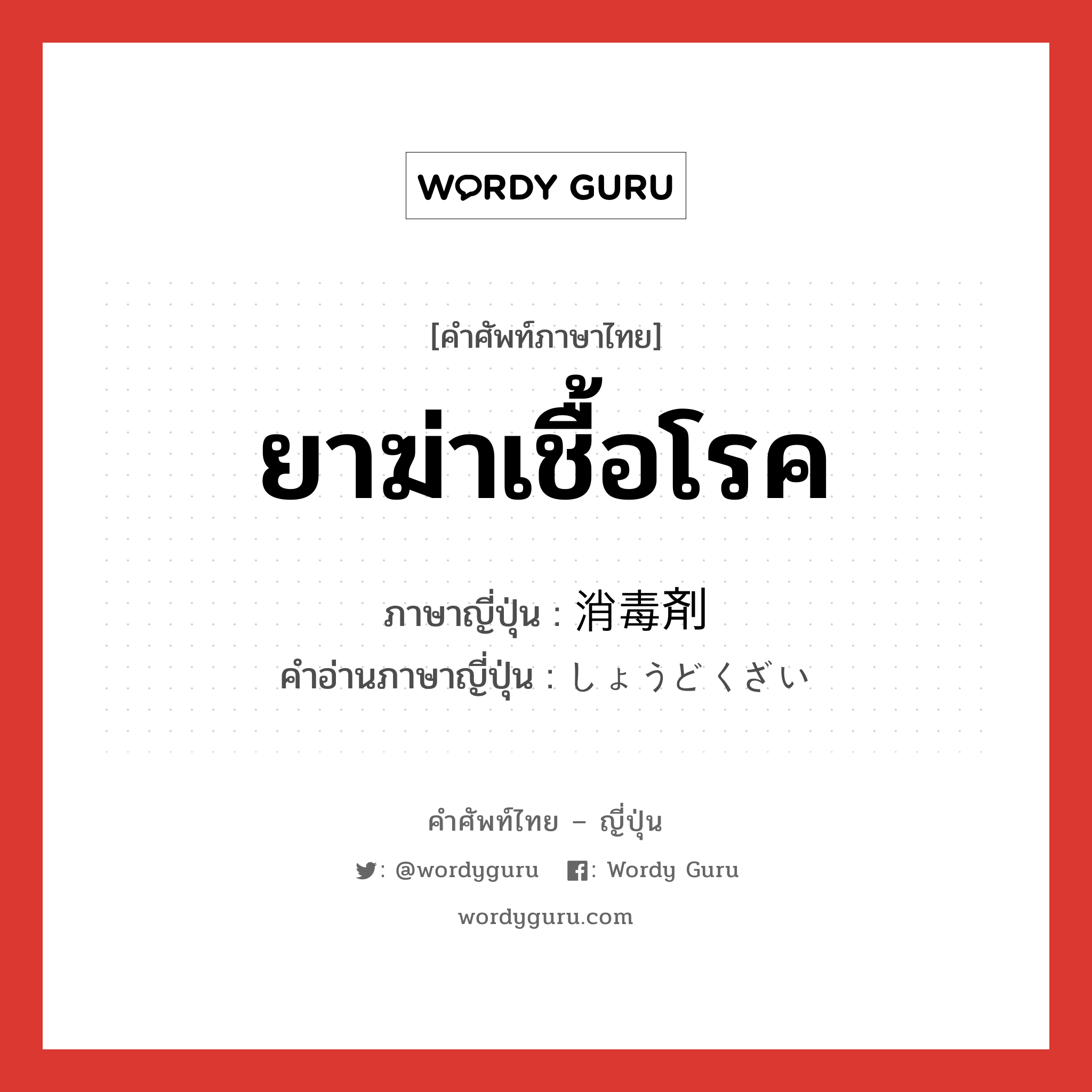 ยาฆ่าเชื้อโรค ภาษาญี่ปุ่นคืออะไร, คำศัพท์ภาษาไทย - ญี่ปุ่น ยาฆ่าเชื้อโรค ภาษาญี่ปุ่น 消毒剤 คำอ่านภาษาญี่ปุ่น しょうどくざい หมวด n หมวด n