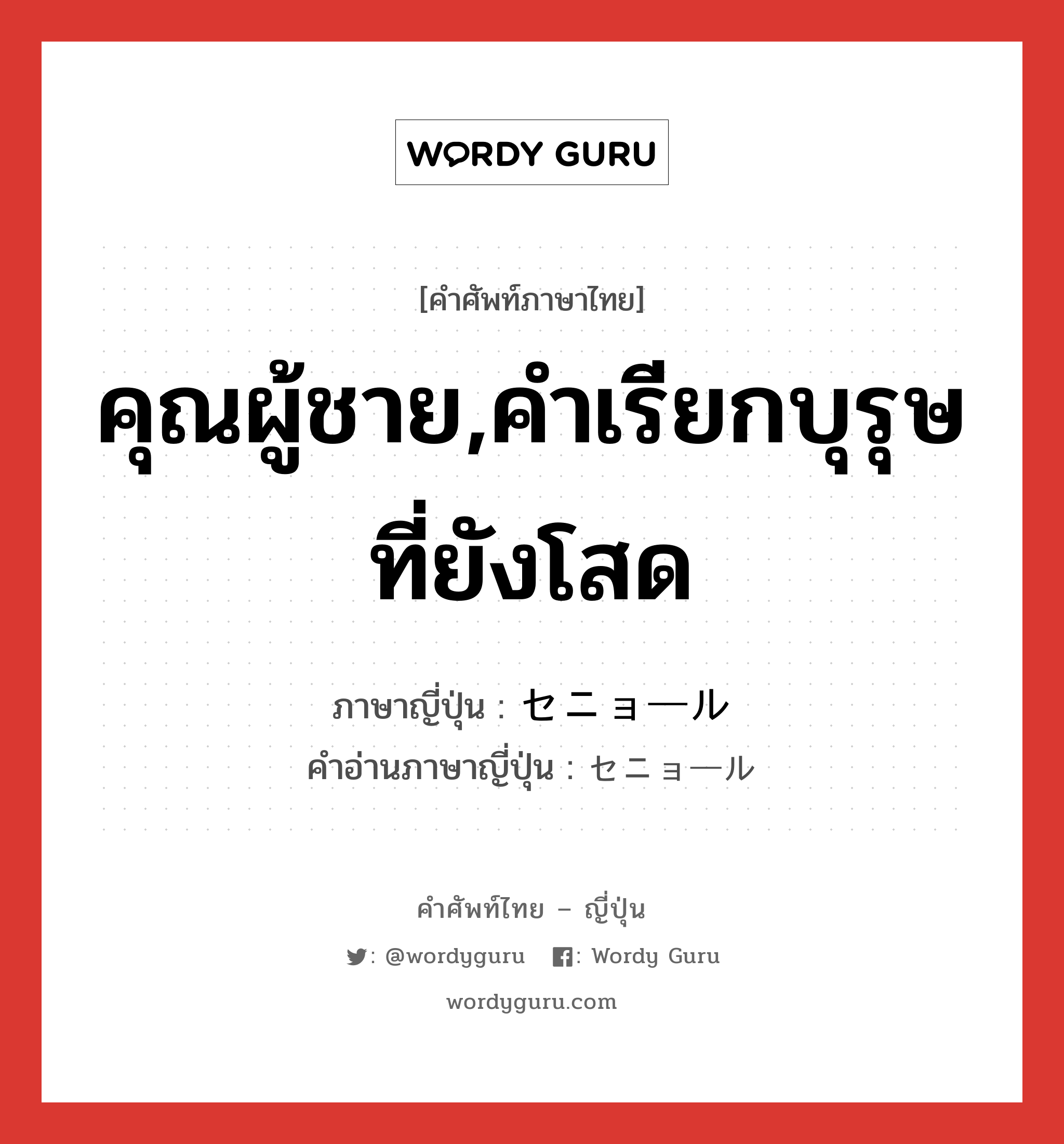 คุณผู้ชาย,คำเรียกบุรุษที่ยังโสด ภาษาญี่ปุ่นคืออะไร, คำศัพท์ภาษาไทย - ญี่ปุ่น คุณผู้ชาย,คำเรียกบุรุษที่ยังโสด ภาษาญี่ปุ่น セニョール คำอ่านภาษาญี่ปุ่น セニョール หมวด n หมวด n