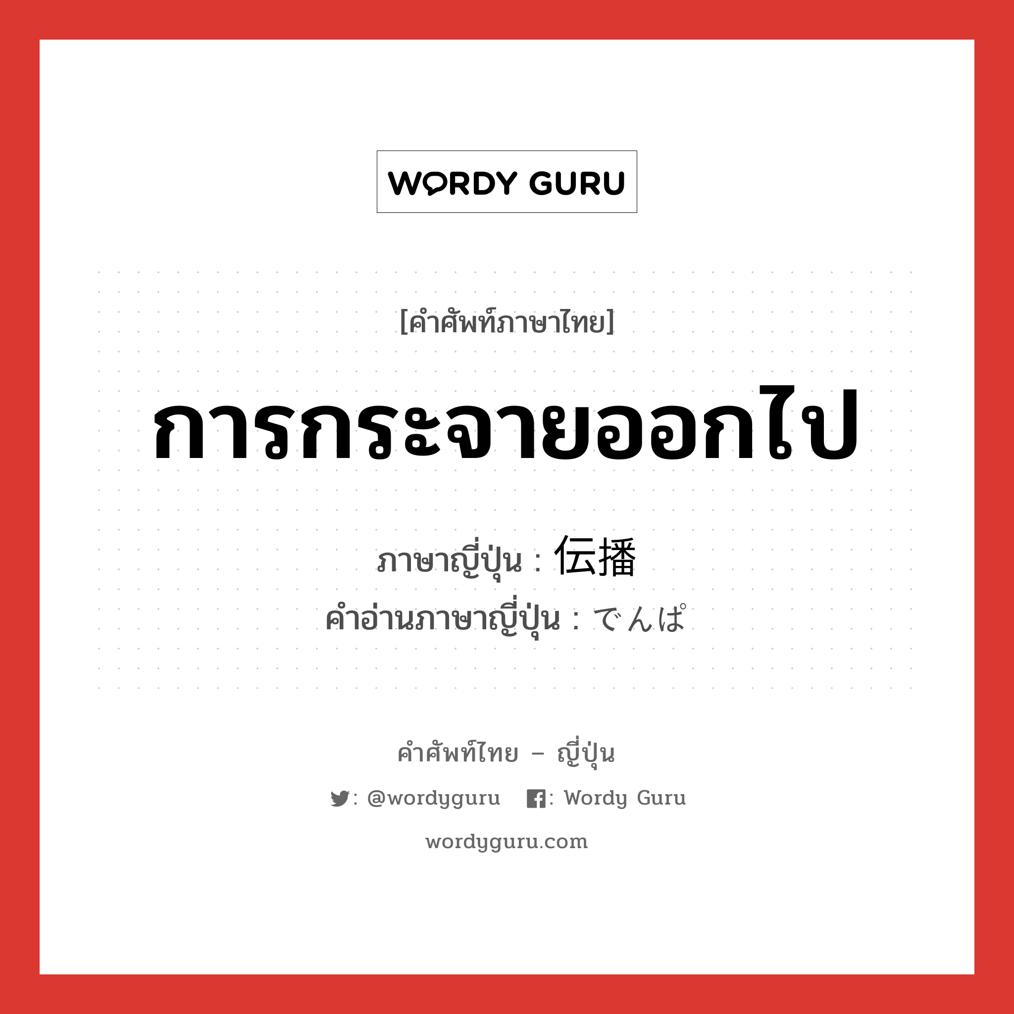 การกระจายออกไป ภาษาญี่ปุ่นคืออะไร, คำศัพท์ภาษาไทย - ญี่ปุ่น การกระจายออกไป ภาษาญี่ปุ่น 伝播 คำอ่านภาษาญี่ปุ่น でんぱ หมวด n หมวด n