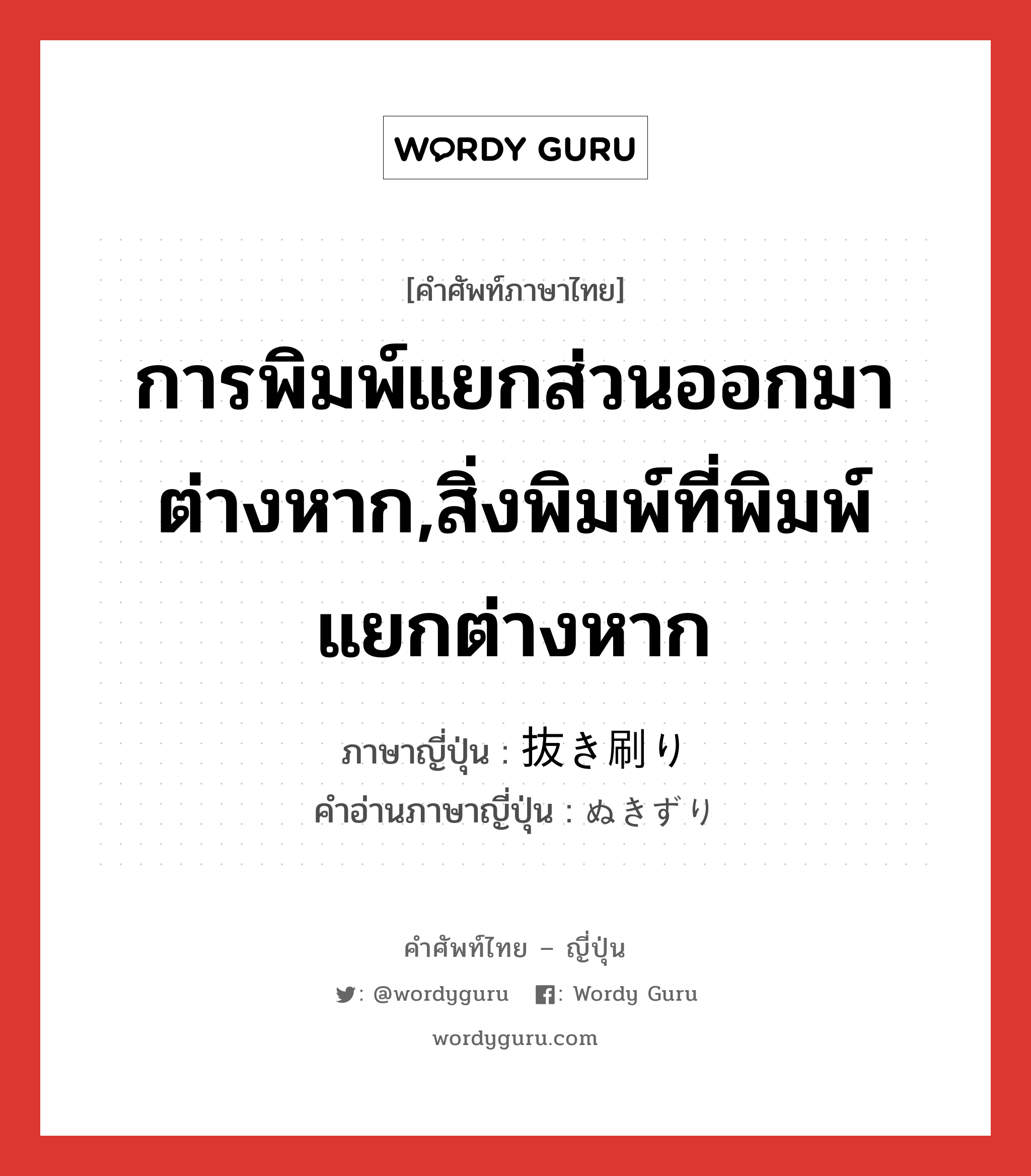 การพิมพ์แยกส่วนออกมาต่างหาก,สิ่งพิมพ์ที่พิมพ์แยกต่างหาก ภาษาญี่ปุ่นคืออะไร, คำศัพท์ภาษาไทย - ญี่ปุ่น การพิมพ์แยกส่วนออกมาต่างหาก,สิ่งพิมพ์ที่พิมพ์แยกต่างหาก ภาษาญี่ปุ่น 抜き刷り คำอ่านภาษาญี่ปุ่น ぬきずり หมวด n หมวด n