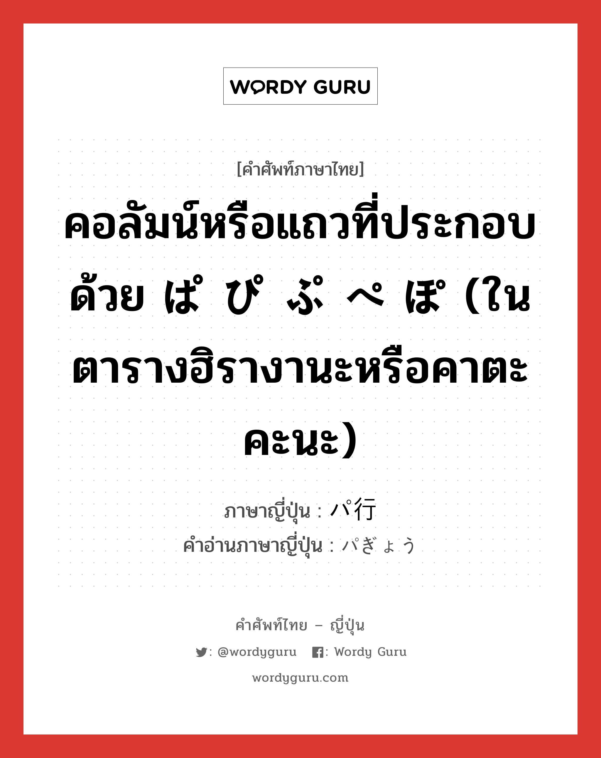 คอลัมน์หรือแถวที่ประกอบด้วย ぱ ぴ ぷ ぺ ぽ (ในตารางฮิรางานะหรือคาตะคะนะ) ภาษาญี่ปุ่นคืออะไร, คำศัพท์ภาษาไทย - ญี่ปุ่น คอลัมน์หรือแถวที่ประกอบด้วย ぱ ぴ ぷ ぺ ぽ (ในตารางฮิรางานะหรือคาตะคะนะ) ภาษาญี่ปุ่น パ行 คำอ่านภาษาญี่ปุ่น パぎょう หมวด n หมวด n