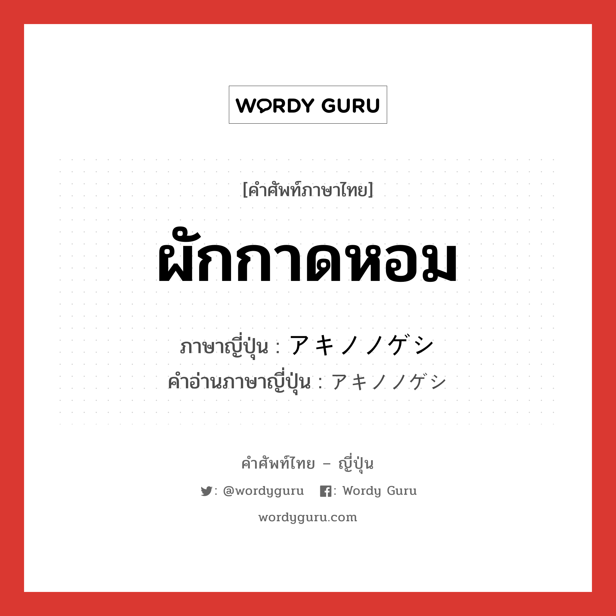 ผักกาดหอม ภาษาญี่ปุ่นคืออะไร, คำศัพท์ภาษาไทย - ญี่ปุ่น ผักกาดหอม ภาษาญี่ปุ่น アキノノゲシ คำอ่านภาษาญี่ปุ่น アキノノゲシ หมวด n หมวด n