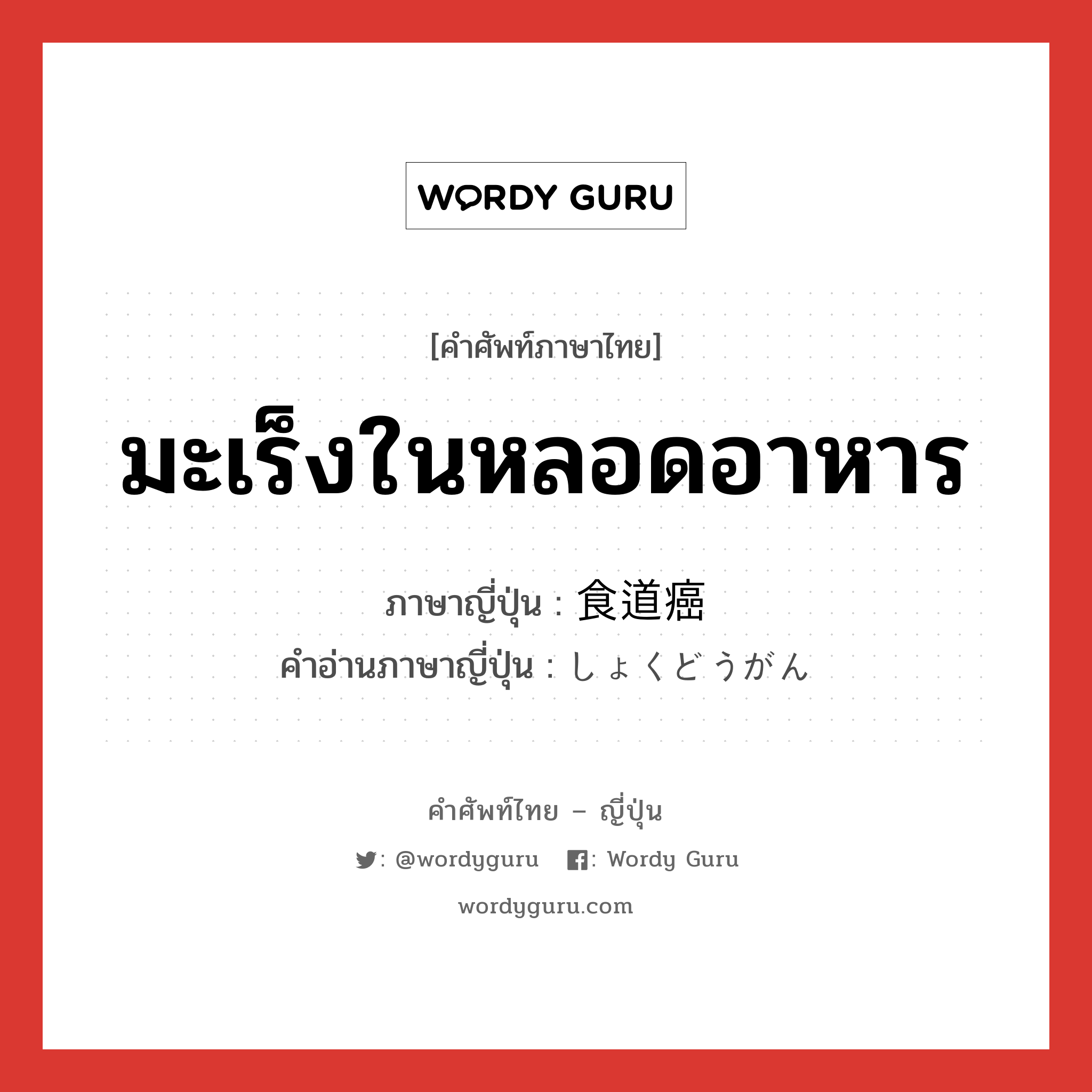 มะเร็งในหลอดอาหาร ภาษาญี่ปุ่นคืออะไร, คำศัพท์ภาษาไทย - ญี่ปุ่น มะเร็งในหลอดอาหาร ภาษาญี่ปุ่น 食道癌 คำอ่านภาษาญี่ปุ่น しょくどうがん หมวด n หมวด n