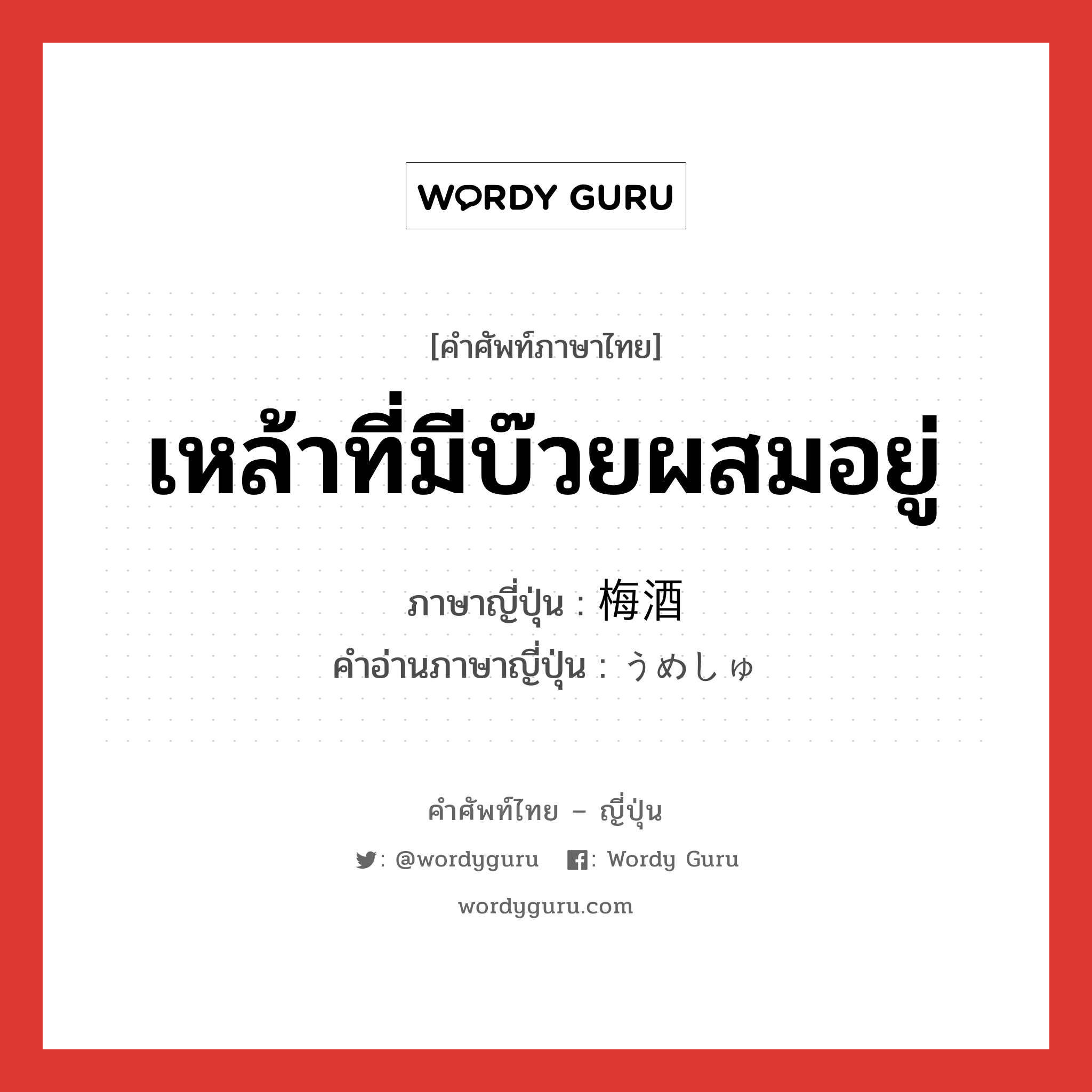 เหล้าที่มีบ๊วยผสมอยู่ ภาษาญี่ปุ่นคืออะไร, คำศัพท์ภาษาไทย - ญี่ปุ่น เหล้าที่มีบ๊วยผสมอยู่ ภาษาญี่ปุ่น 梅酒 คำอ่านภาษาญี่ปุ่น うめしゅ หมวด n หมวด n