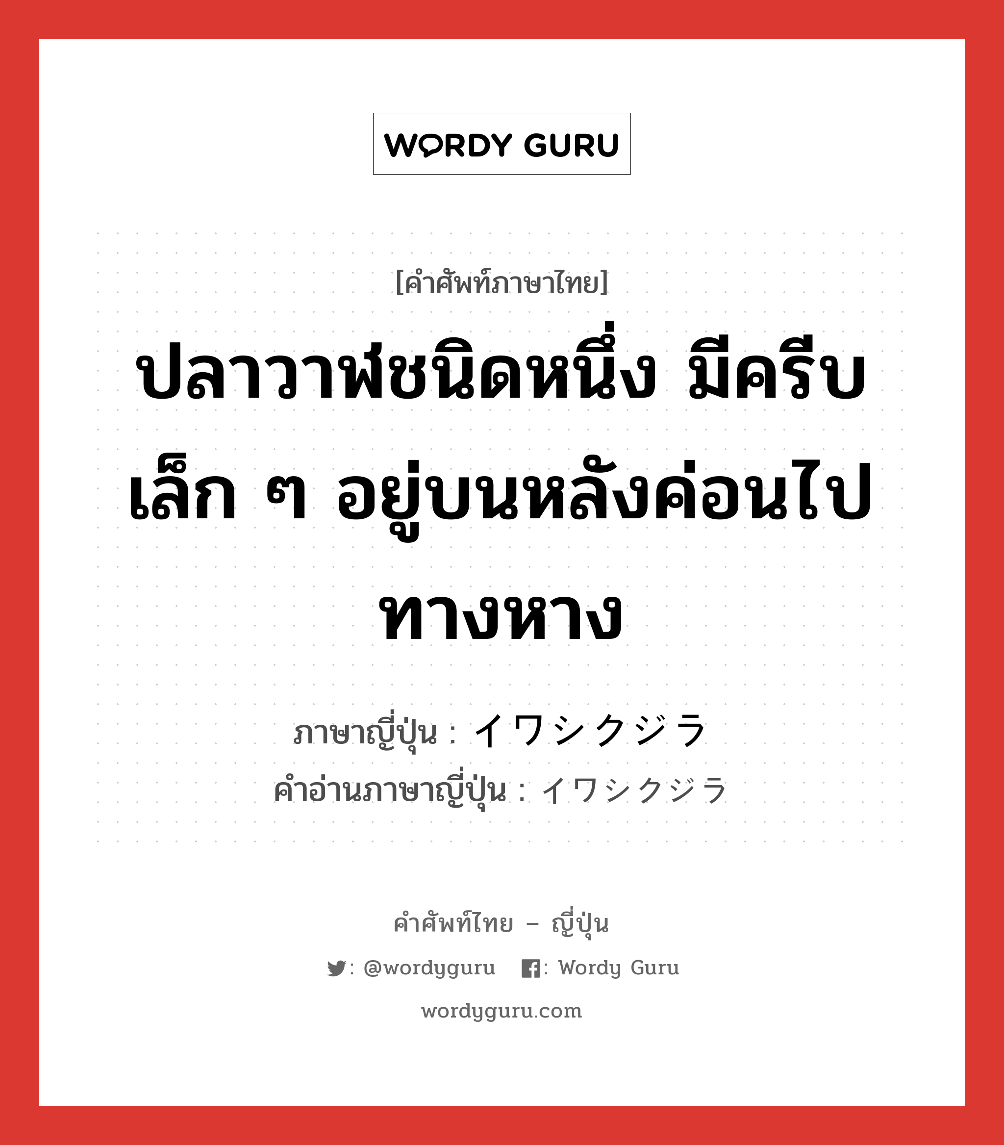 ปลาวาฬชนิดหนึ่ง มีครีบเล็ก ๆ อยู่บนหลังค่อนไปทางหาง ภาษาญี่ปุ่นคืออะไร, คำศัพท์ภาษาไทย - ญี่ปุ่น ปลาวาฬชนิดหนึ่ง มีครีบเล็ก ๆ อยู่บนหลังค่อนไปทางหาง ภาษาญี่ปุ่น イワシクジラ คำอ่านภาษาญี่ปุ่น イワシクジラ หมวด n หมวด n