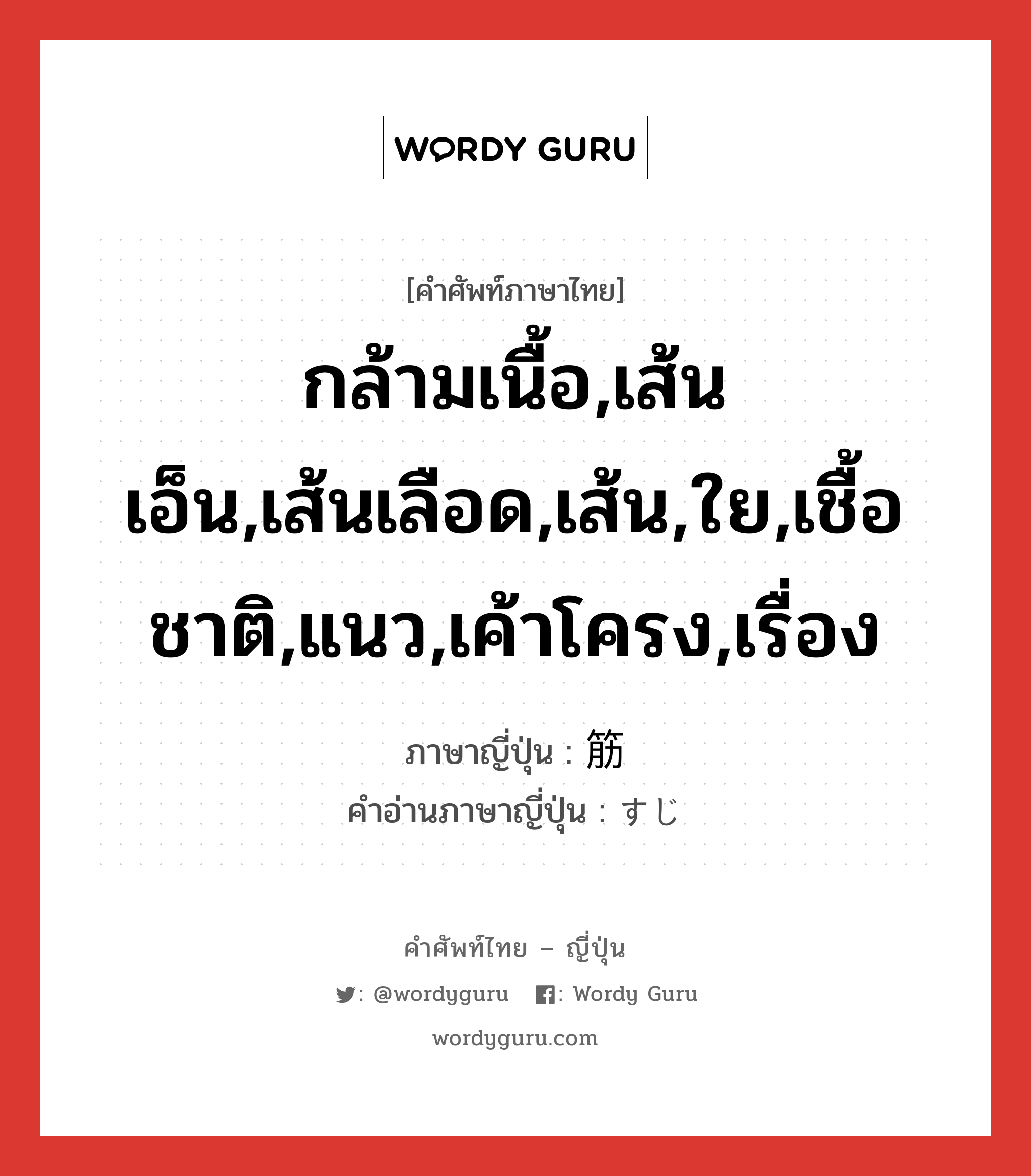 กล้ามเนื้อ,เส้นเอ็น,เส้นเลือด,เส้น,ใย,เชื้อชาติ,แนว,เค้าโครง,เรื่อง ภาษาญี่ปุ่นคืออะไร, คำศัพท์ภาษาไทย - ญี่ปุ่น กล้ามเนื้อ,เส้นเอ็น,เส้นเลือด,เส้น,ใย,เชื้อชาติ,แนว,เค้าโครง,เรื่อง ภาษาญี่ปุ่น 筋 คำอ่านภาษาญี่ปุ่น すじ หมวด n หมวด n