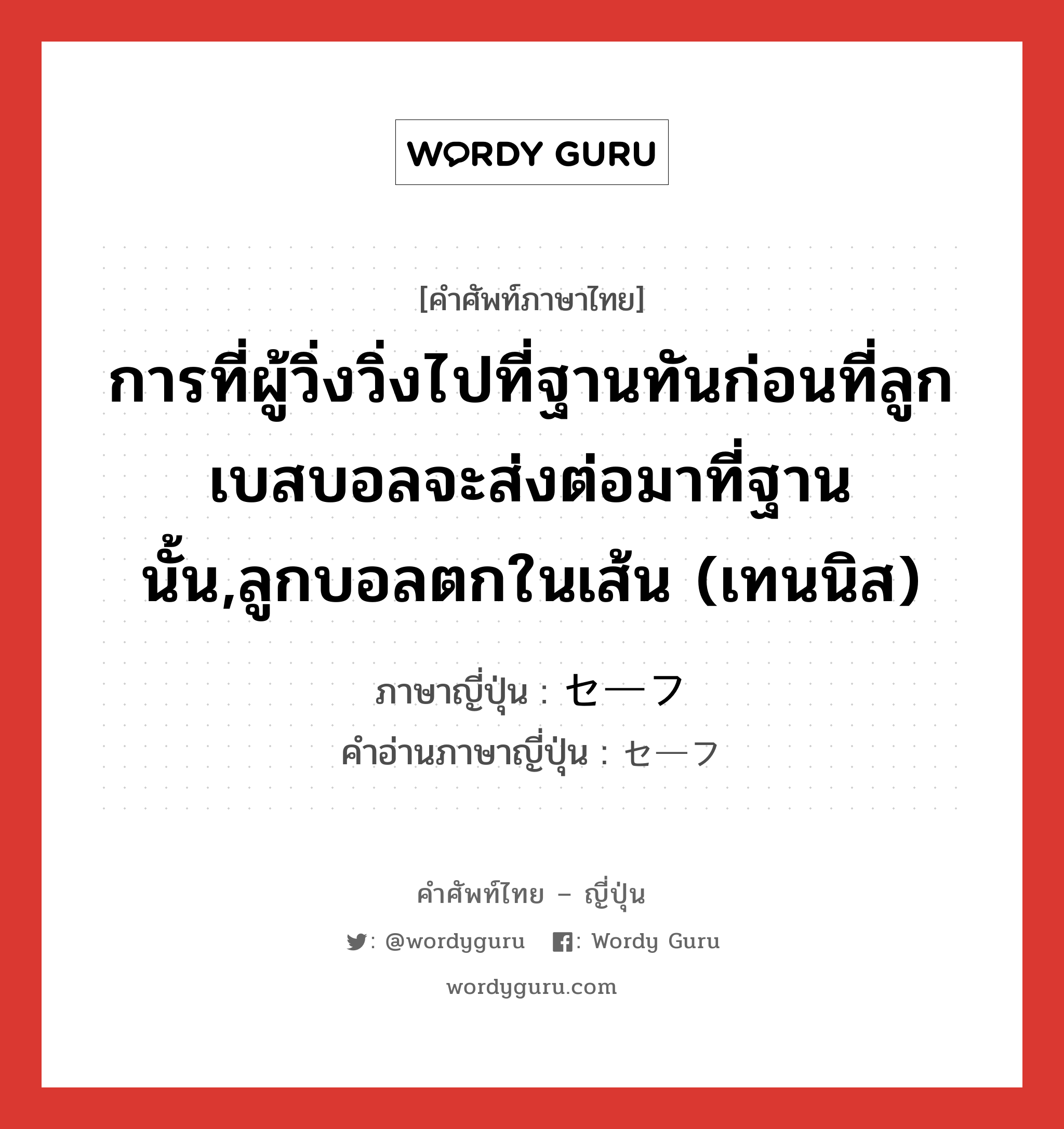 การที่ผู้วิ่งวิ่งไปที่ฐานทันก่อนที่ลูกเบสบอลจะส่งต่อมาที่ฐานนั้น,ลูกบอลตกในเส้น (เทนนิส) ภาษาญี่ปุ่นคืออะไร, คำศัพท์ภาษาไทย - ญี่ปุ่น การที่ผู้วิ่งวิ่งไปที่ฐานทันก่อนที่ลูกเบสบอลจะส่งต่อมาที่ฐานนั้น,ลูกบอลตกในเส้น (เทนนิส) ภาษาญี่ปุ่น セーフ คำอ่านภาษาญี่ปุ่น セーフ หมวด n หมวด n