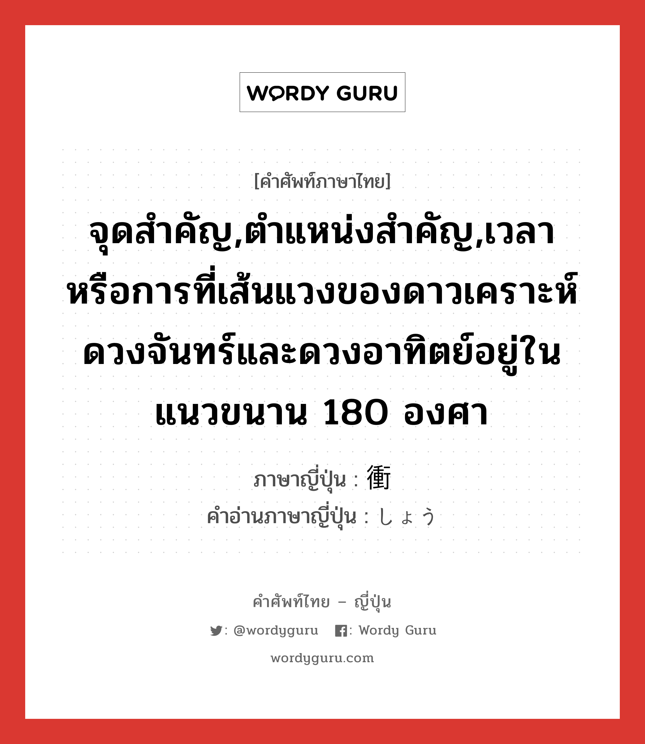 จุดสำคัญ,ตำแหน่งสำคัญ,เวลาหรือการที่เส้นแวงของดาวเคราะห์ดวงจันทร์และดวงอาทิตย์อยู่ในแนวขนาน 180 องศา ภาษาญี่ปุ่นคืออะไร, คำศัพท์ภาษาไทย - ญี่ปุ่น จุดสำคัญ,ตำแหน่งสำคัญ,เวลาหรือการที่เส้นแวงของดาวเคราะห์ดวงจันทร์และดวงอาทิตย์อยู่ในแนวขนาน 180 องศา ภาษาญี่ปุ่น 衝 คำอ่านภาษาญี่ปุ่น しょう หมวด n หมวด n