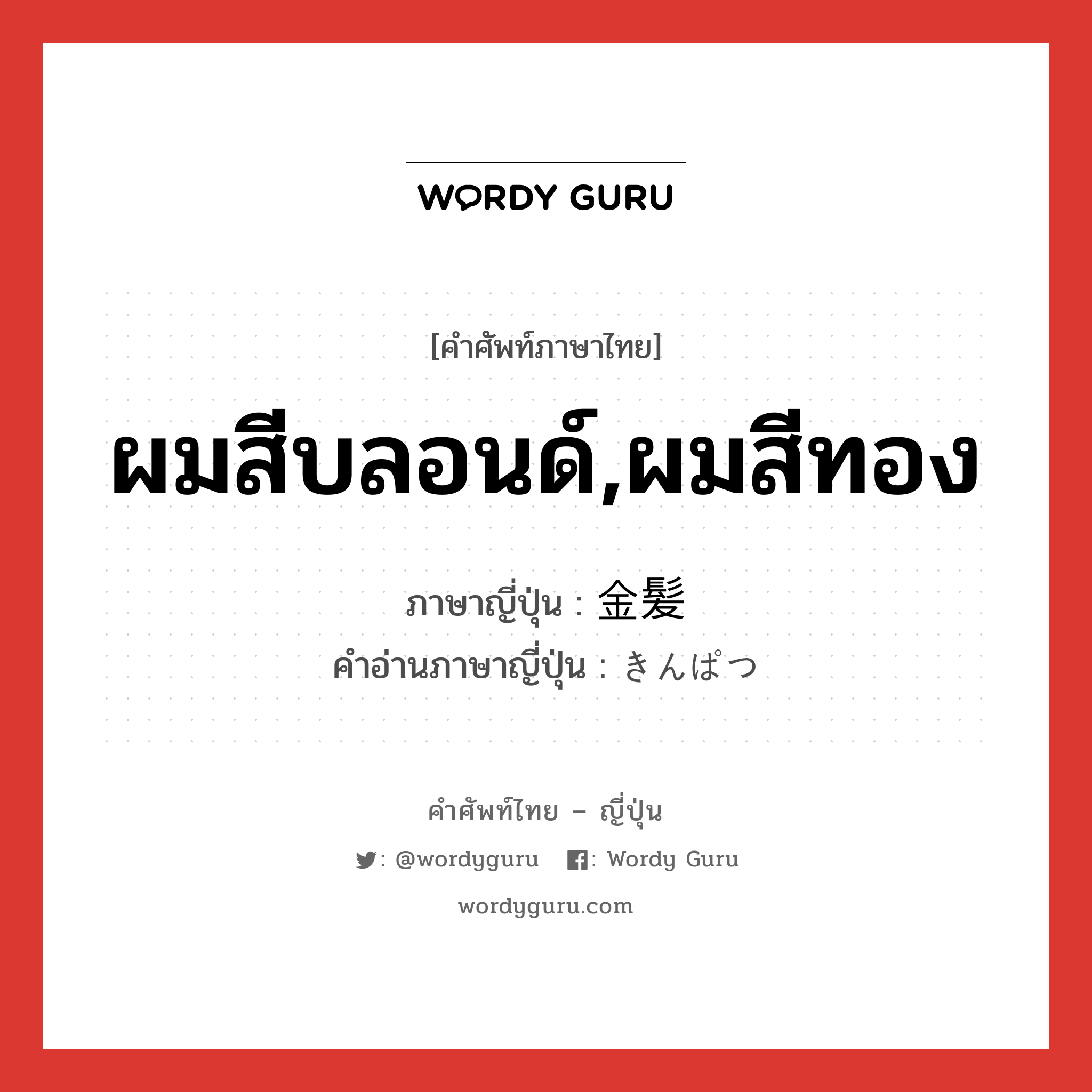 ผมสีบลอนด์,ผมสีทอง ภาษาญี่ปุ่นคืออะไร, คำศัพท์ภาษาไทย - ญี่ปุ่น ผมสีบลอนด์,ผมสีทอง ภาษาญี่ปุ่น 金髪 คำอ่านภาษาญี่ปุ่น きんぱつ หมวด n หมวด n