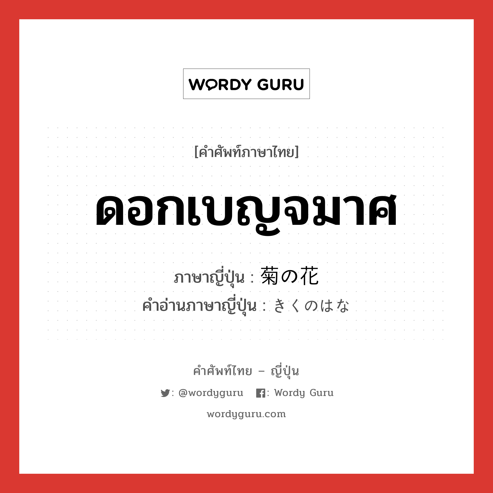 ดอกเบญจมาศ ภาษาญี่ปุ่นคืออะไร, คำศัพท์ภาษาไทย - ญี่ปุ่น ดอกเบญจมาศ ภาษาญี่ปุ่น 菊の花 คำอ่านภาษาญี่ปุ่น きくのはな หมวด n หมวด n