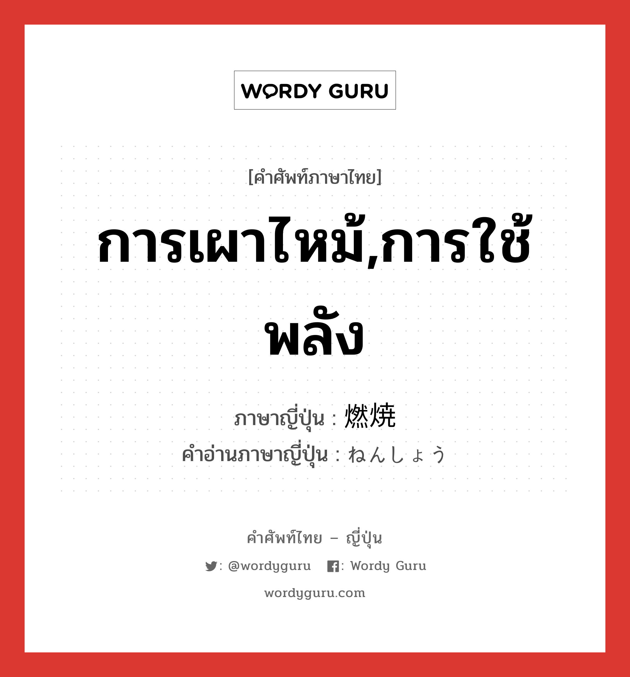 การเผาไหม้,การใช้พลัง ภาษาญี่ปุ่นคืออะไร, คำศัพท์ภาษาไทย - ญี่ปุ่น การเผาไหม้,การใช้พลัง ภาษาญี่ปุ่น 燃焼 คำอ่านภาษาญี่ปุ่น ねんしょう หมวด n หมวด n