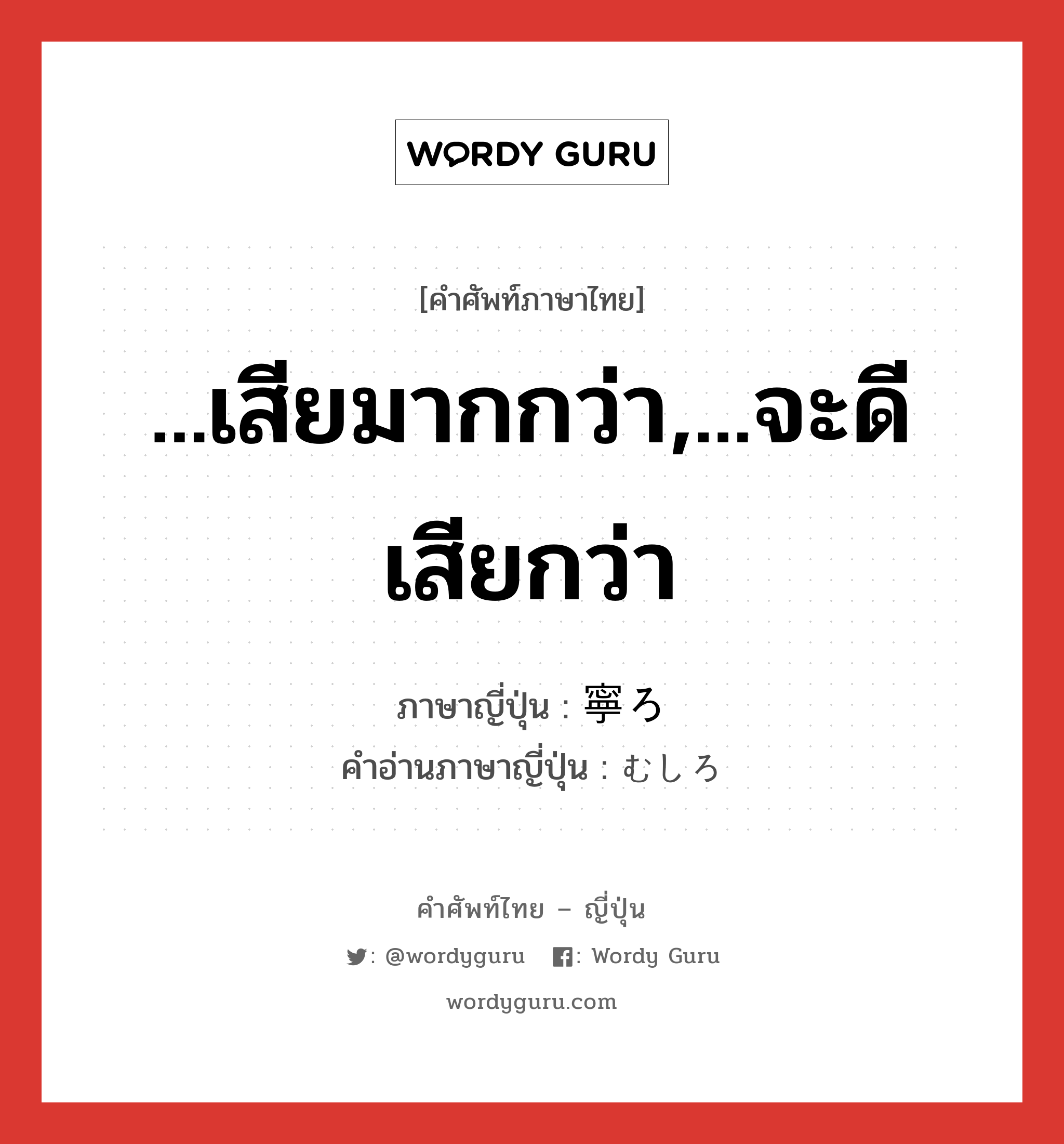 ...เสียมากกว่า,...จะดีเสียกว่า ภาษาญี่ปุ่นคืออะไร, คำศัพท์ภาษาไทย - ญี่ปุ่น ...เสียมากกว่า,...จะดีเสียกว่า ภาษาญี่ปุ่น 寧ろ คำอ่านภาษาญี่ปุ่น むしろ หมวด adv หมวด adv