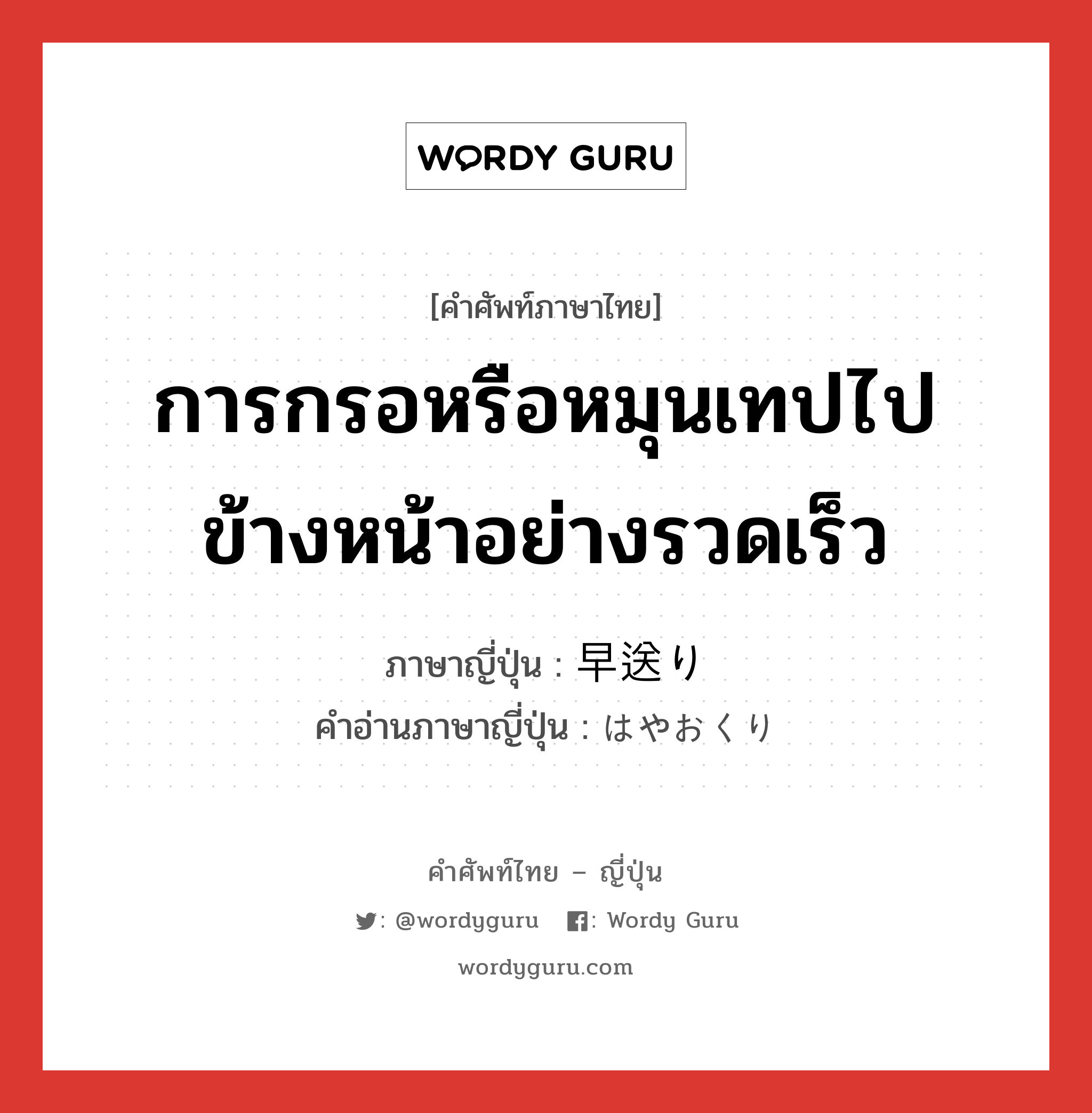 การกรอหรือหมุนเทปไปข้างหน้าอย่างรวดเร็ว ภาษาญี่ปุ่นคืออะไร, คำศัพท์ภาษาไทย - ญี่ปุ่น การกรอหรือหมุนเทปไปข้างหน้าอย่างรวดเร็ว ภาษาญี่ปุ่น 早送り คำอ่านภาษาญี่ปุ่น はやおくり หมวด n หมวด n