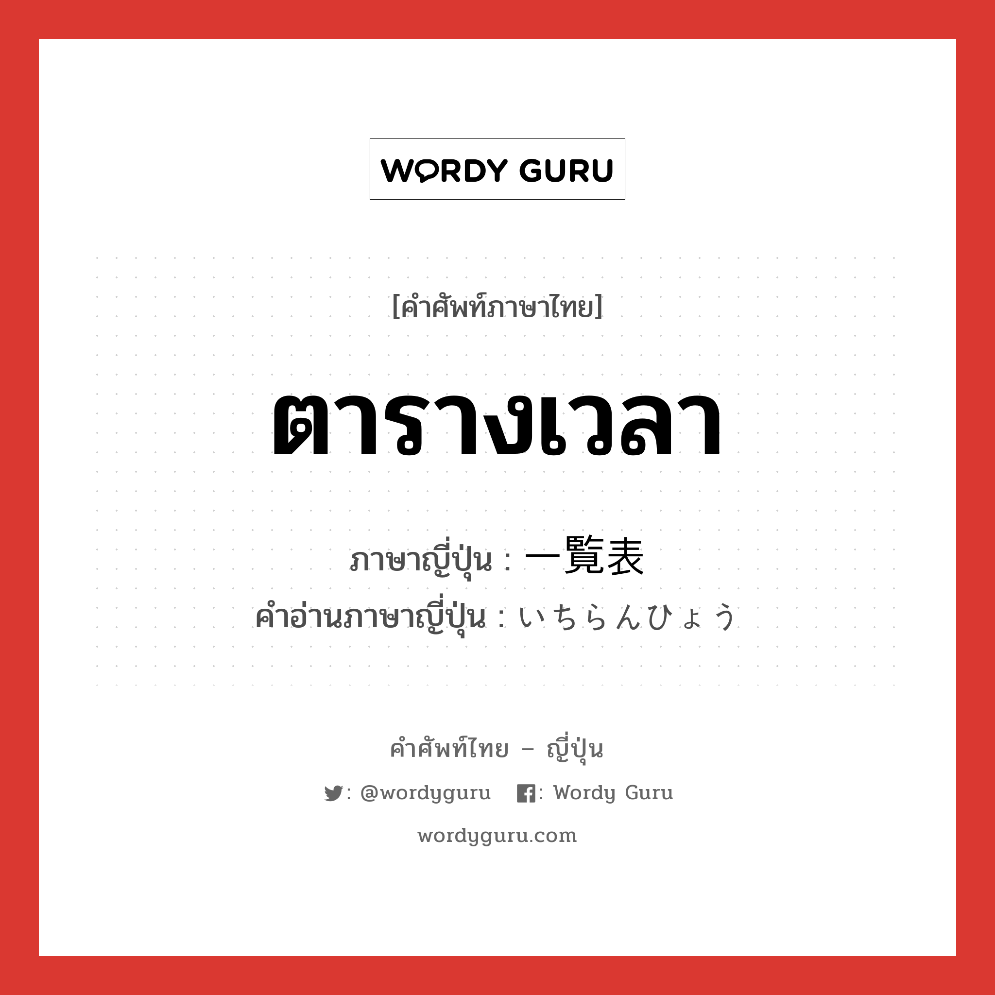 ตารางเวลา ภาษาญี่ปุ่นคืออะไร, คำศัพท์ภาษาไทย - ญี่ปุ่น ตารางเวลา ภาษาญี่ปุ่น 一覧表 คำอ่านภาษาญี่ปุ่น いちらんひょう หมวด n หมวด n