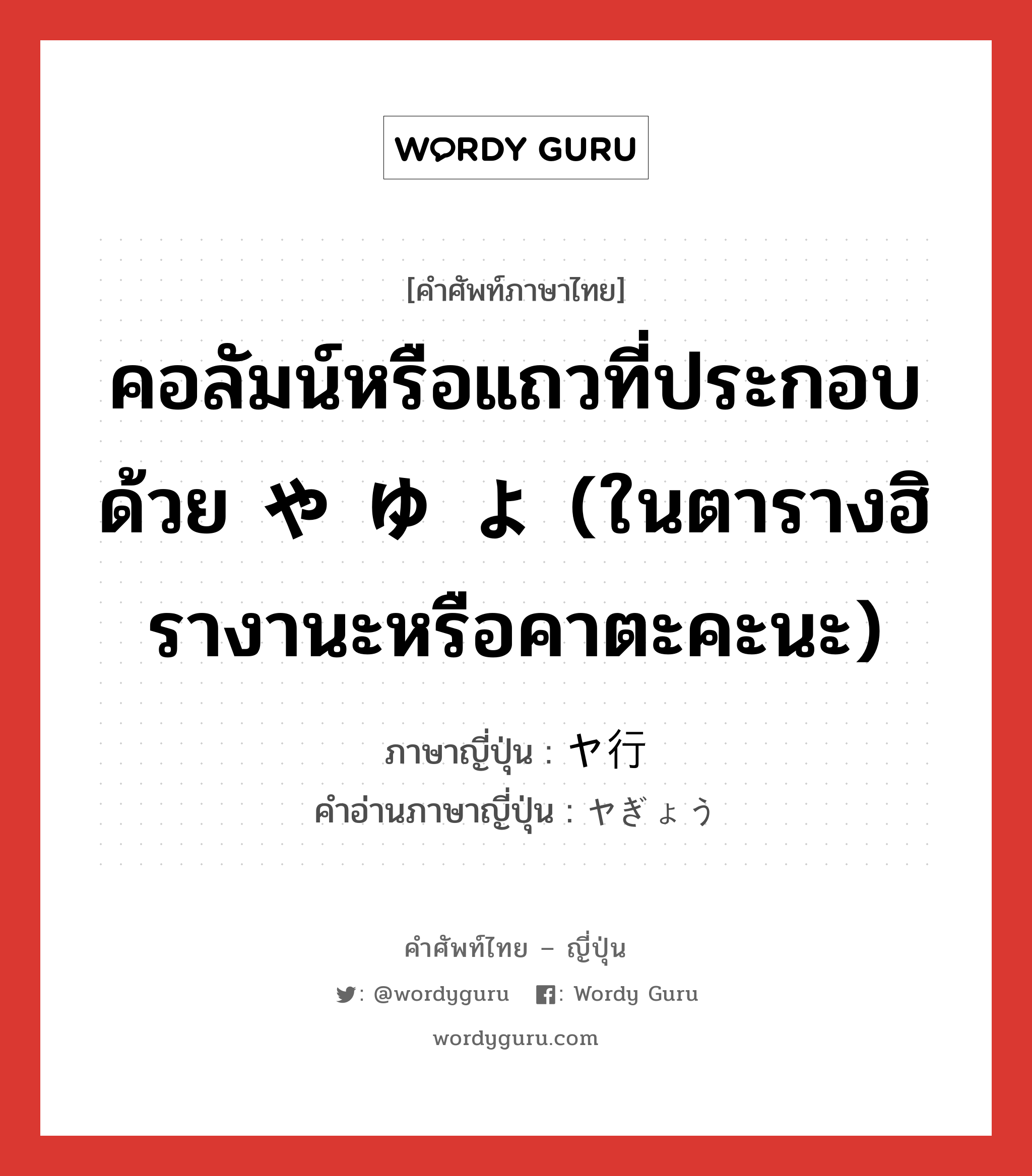 คอลัมน์หรือแถวที่ประกอบด้วย や ゆ よ (ในตารางฮิรางานะหรือคาตะคะนะ) ภาษาญี่ปุ่นคืออะไร, คำศัพท์ภาษาไทย - ญี่ปุ่น คอลัมน์หรือแถวที่ประกอบด้วย や ゆ よ (ในตารางฮิรางานะหรือคาตะคะนะ) ภาษาญี่ปุ่น ヤ行 คำอ่านภาษาญี่ปุ่น ヤぎょう หมวด n หมวด n