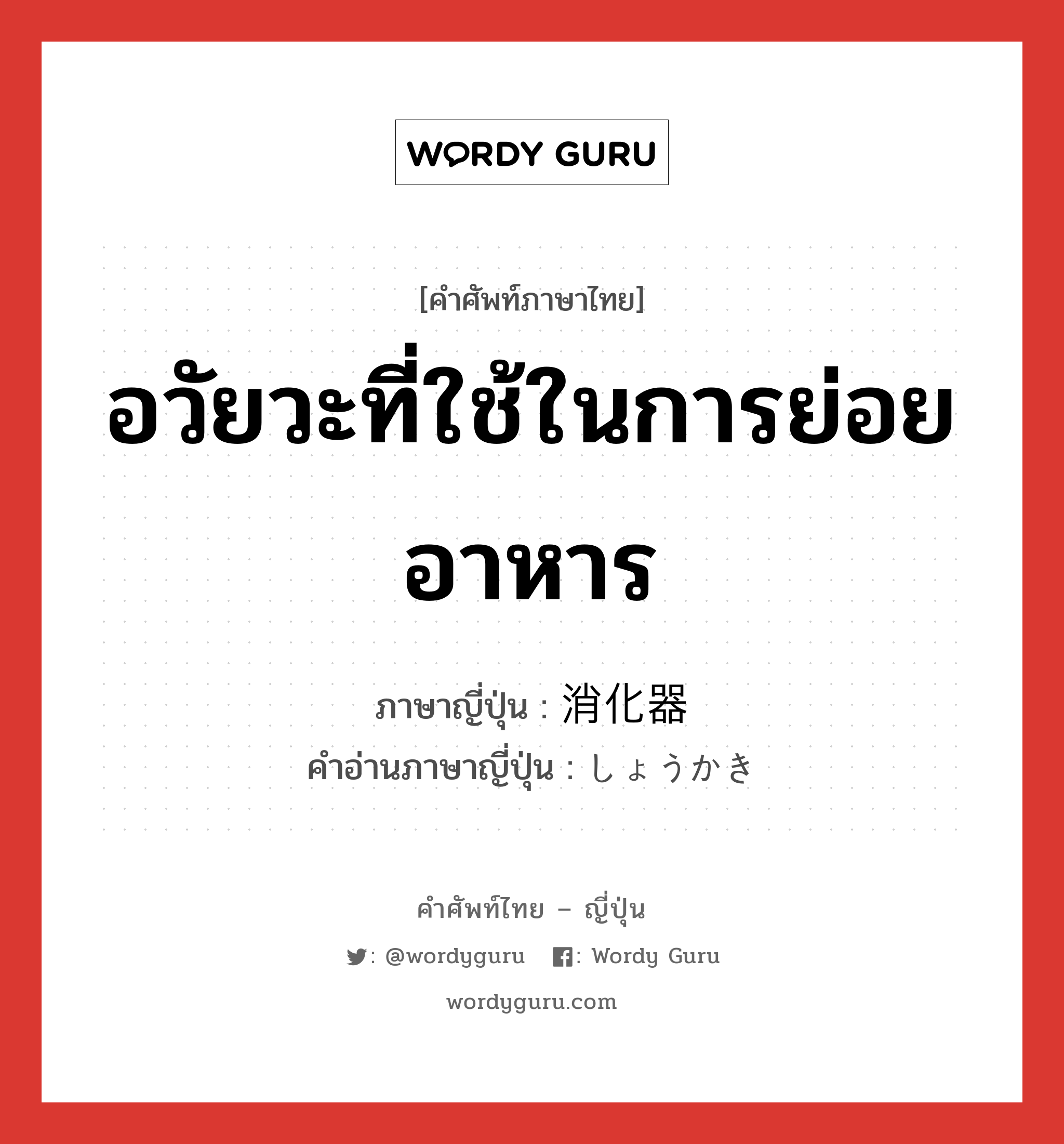 อวัยวะที่ใช้ในการย่อยอาหาร ภาษาญี่ปุ่นคืออะไร, คำศัพท์ภาษาไทย - ญี่ปุ่น อวัยวะที่ใช้ในการย่อยอาหาร ภาษาญี่ปุ่น 消化器 คำอ่านภาษาญี่ปุ่น しょうかき หมวด n หมวด n