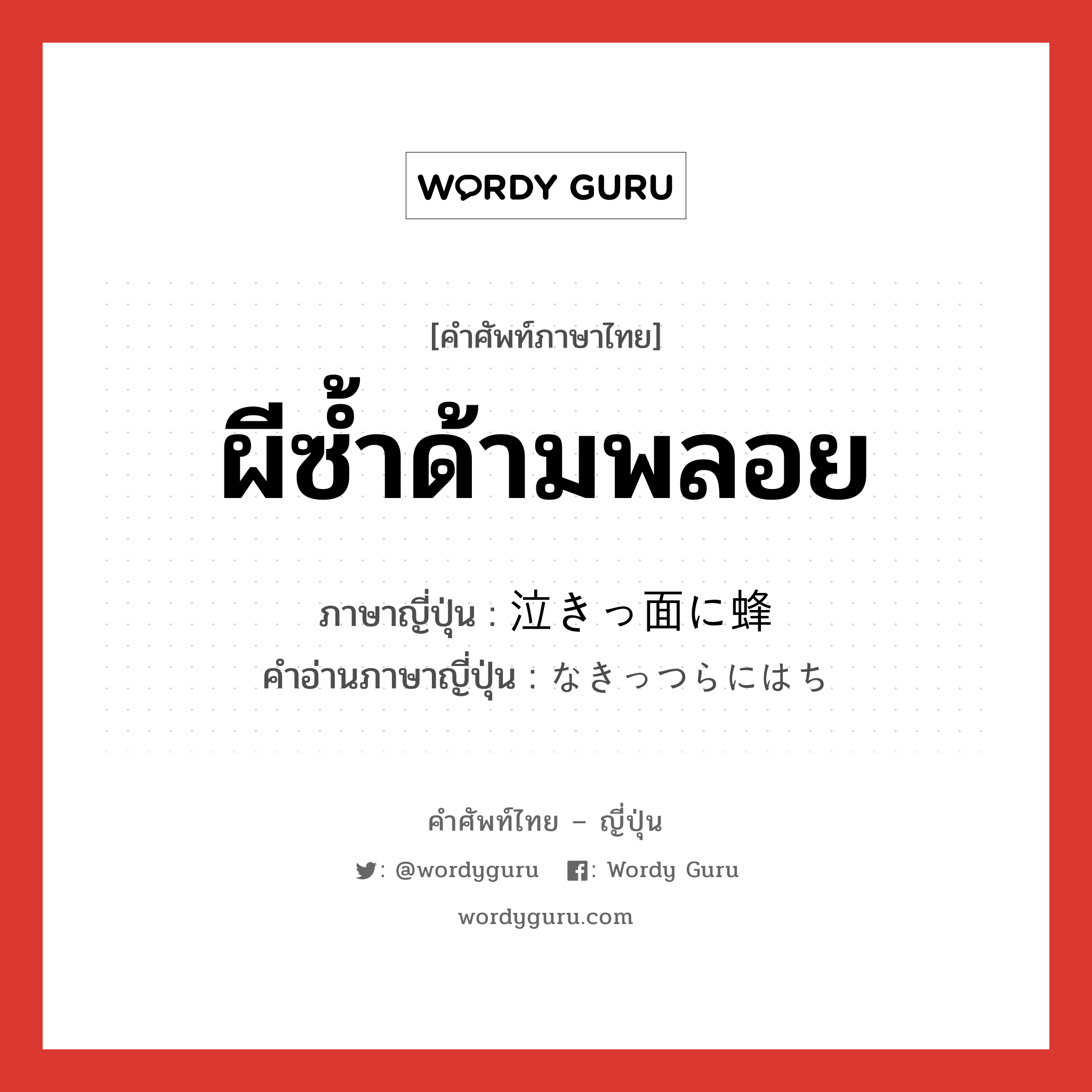 ผีซ้ำด้ามพลอย ภาษาญี่ปุ่นคืออะไร, คำศัพท์ภาษาไทย - ญี่ปุ่น ผีซ้ำด้ามพลอย ภาษาญี่ปุ่น 泣きっ面に蜂 คำอ่านภาษาญี่ปุ่น なきっつらにはち หมวด idiom หมวด idiom