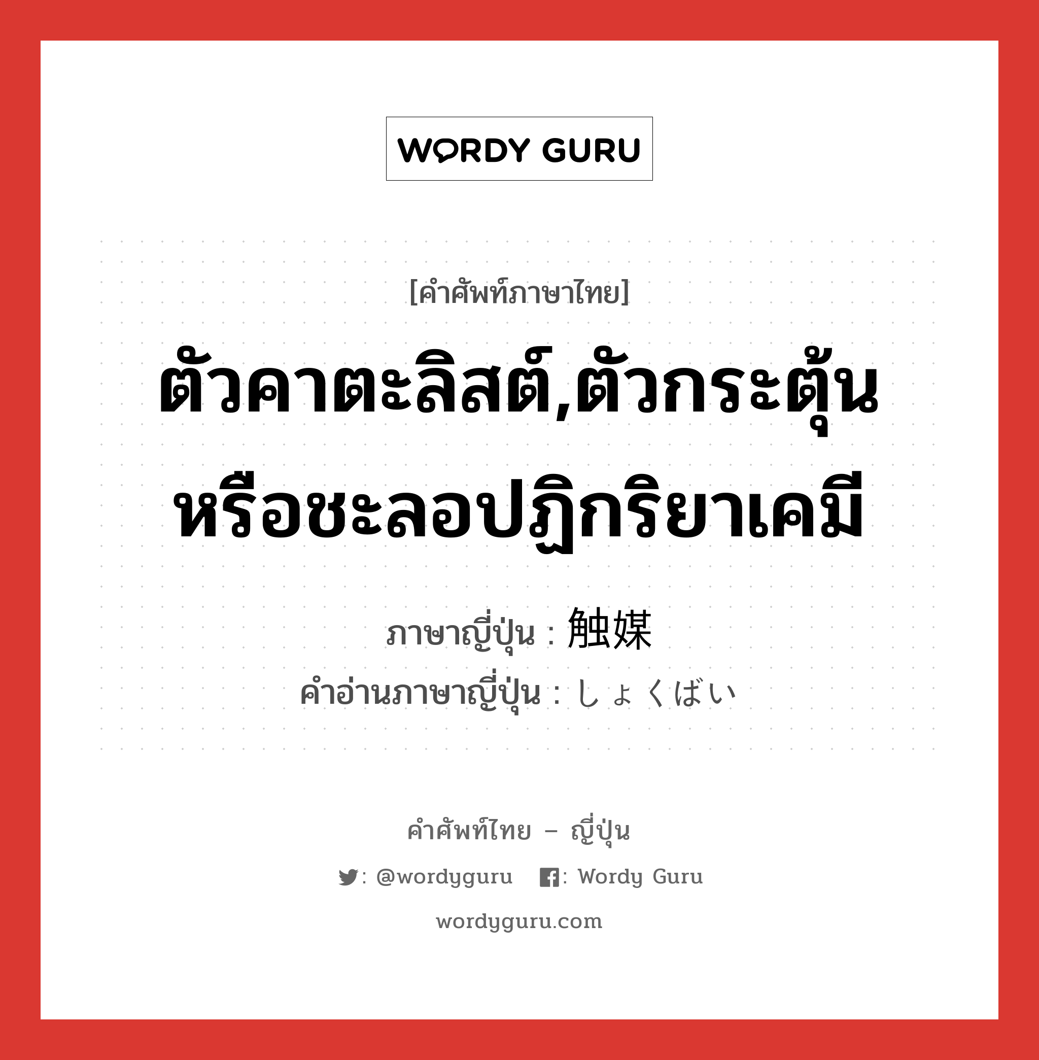 ตัวคาตะลิสต์,ตัวกระตุ้นหรือชะลอปฏิกริยาเคมี ภาษาญี่ปุ่นคืออะไร, คำศัพท์ภาษาไทย - ญี่ปุ่น ตัวคาตะลิสต์,ตัวกระตุ้นหรือชะลอปฏิกริยาเคมี ภาษาญี่ปุ่น 触媒 คำอ่านภาษาญี่ปุ่น しょくばい หมวด n หมวด n