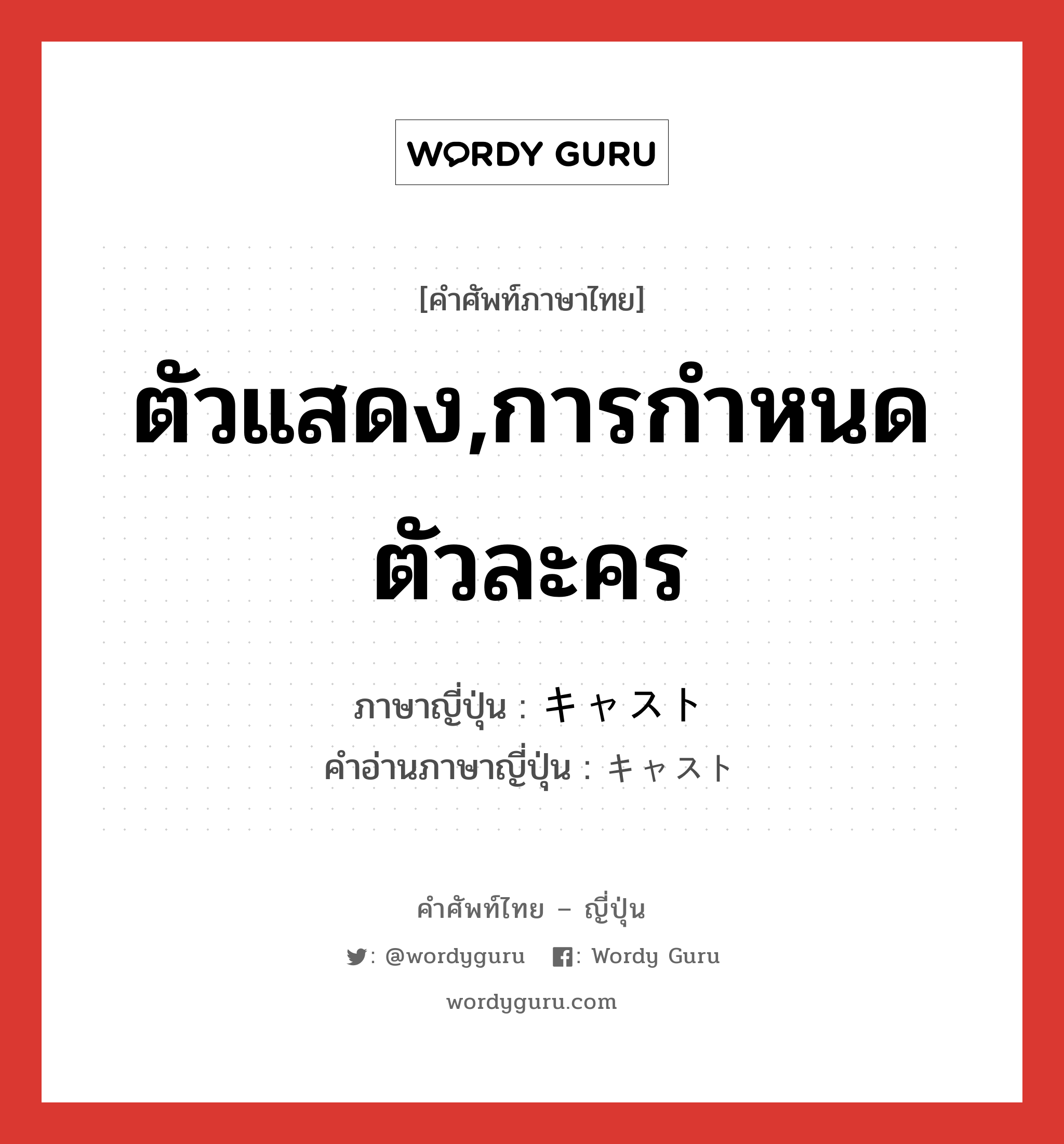 ตัวแสดง,การกำหนดตัวละคร ภาษาญี่ปุ่นคืออะไร, คำศัพท์ภาษาไทย - ญี่ปุ่น ตัวแสดง,การกำหนดตัวละคร ภาษาญี่ปุ่น キャスト คำอ่านภาษาญี่ปุ่น キャスト หมวด n หมวด n