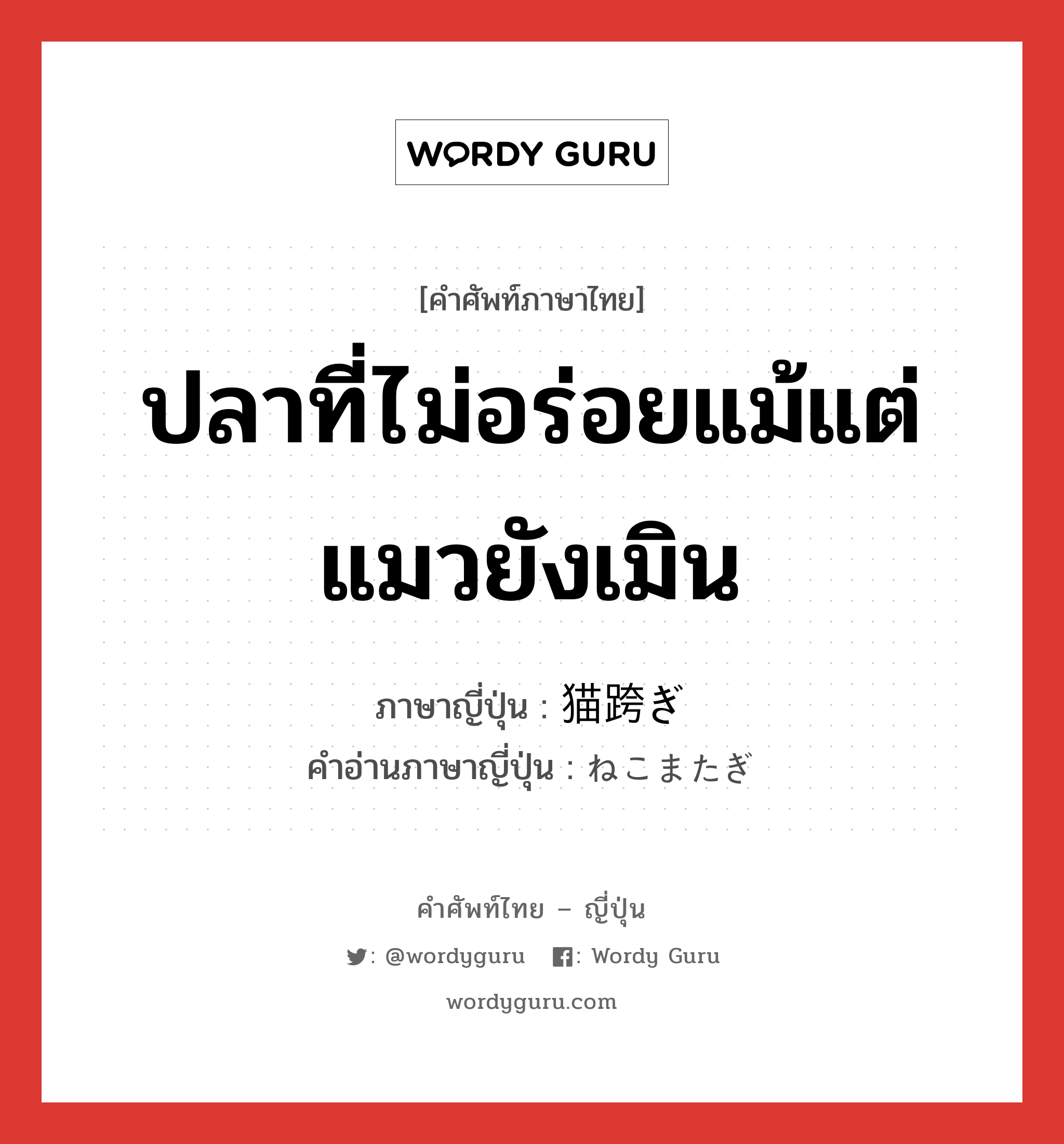 ปลาที่ไม่อร่อยแม้แต่แมวยังเมิน ภาษาญี่ปุ่นคืออะไร, คำศัพท์ภาษาไทย - ญี่ปุ่น ปลาที่ไม่อร่อยแม้แต่แมวยังเมิน ภาษาญี่ปุ่น 猫跨ぎ คำอ่านภาษาญี่ปุ่น ねこまたぎ หมวด n หมวด n