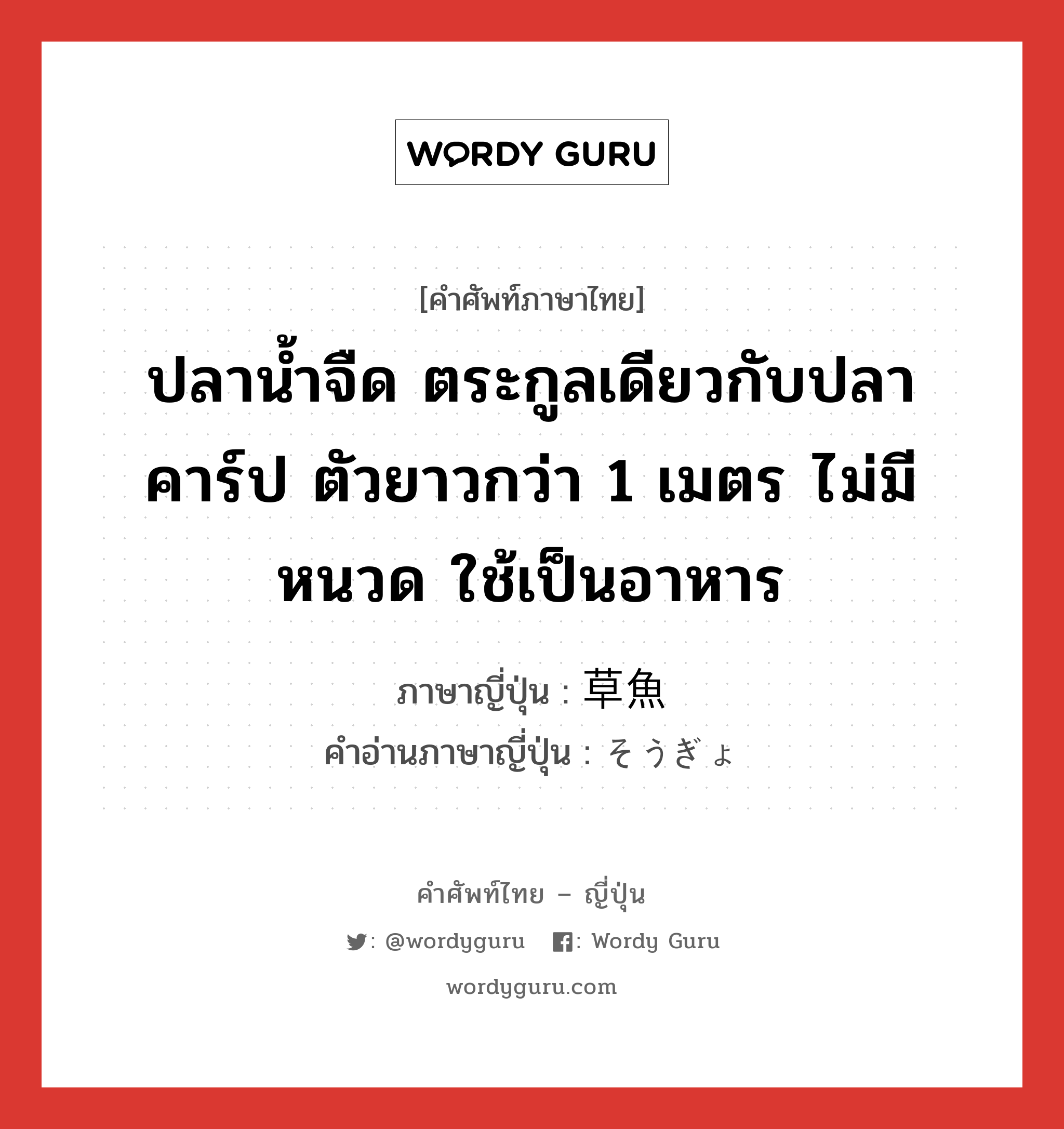 ปลาน้ำจืด ตระกูลเดียวกับปลาคาร์ป ตัวยาวกว่า 1 เมตร ไม่มีหนวด ใช้เป็นอาหาร ภาษาญี่ปุ่นคืออะไร, คำศัพท์ภาษาไทย - ญี่ปุ่น ปลาน้ำจืด ตระกูลเดียวกับปลาคาร์ป ตัวยาวกว่า 1 เมตร ไม่มีหนวด ใช้เป็นอาหาร ภาษาญี่ปุ่น 草魚 คำอ่านภาษาญี่ปุ่น そうぎょ หมวด n หมวด n