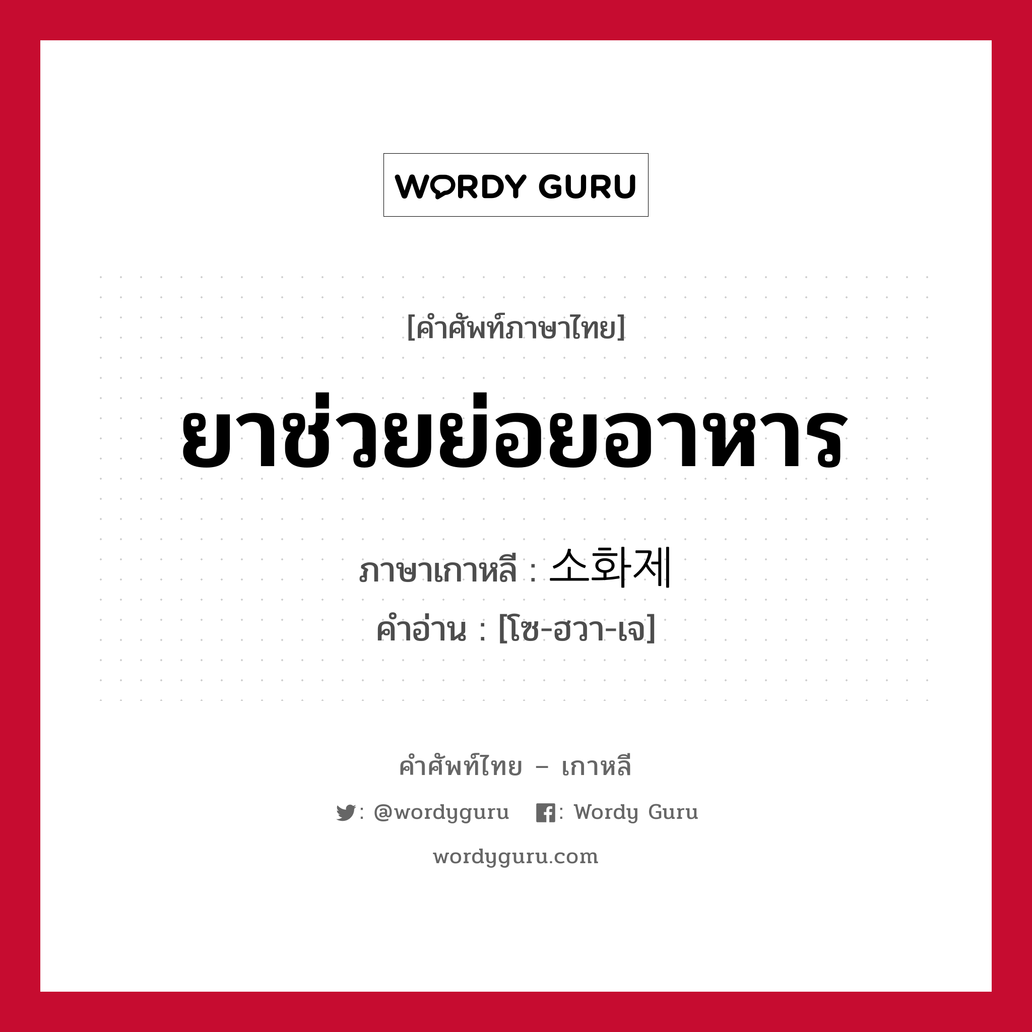 ยาช่วยย่อยอาหาร ภาษาเกาหลีคืออะไร, คำศัพท์ภาษาไทย - เกาหลี ยาช่วยย่อยอาหาร ภาษาเกาหลี 소화제 คำอ่าน [โซ-ฮวา-เจ]