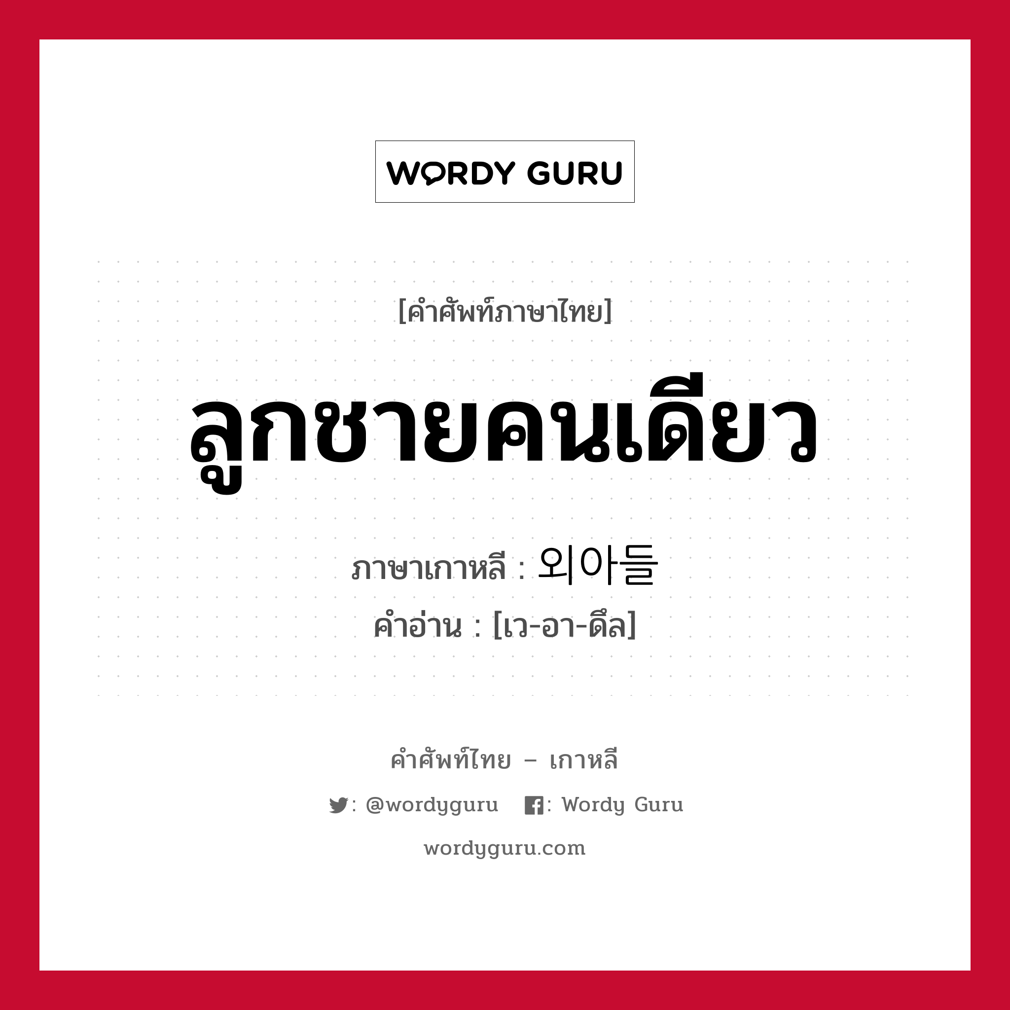 ลูกชายคนเดียว ภาษาเกาหลีคืออะไร, คำศัพท์ภาษาไทย - เกาหลี ลูกชายคนเดียว ภาษาเกาหลี 외아들 คำอ่าน [เว-อา-ดึล]