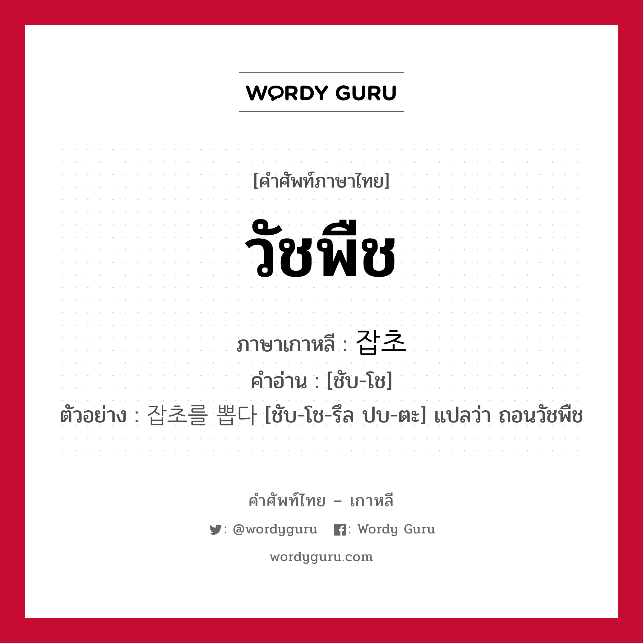 วัชพืช ภาษาเกาหลีคืออะไร, คำศัพท์ภาษาไทย - เกาหลี วัชพืช ภาษาเกาหลี 잡초 คำอ่าน [ชับ-โช] ตัวอย่าง 잡초를 뽑다 [ชับ-โช-รึล ปบ-ตะ] แปลว่า ถอนวัชพืช