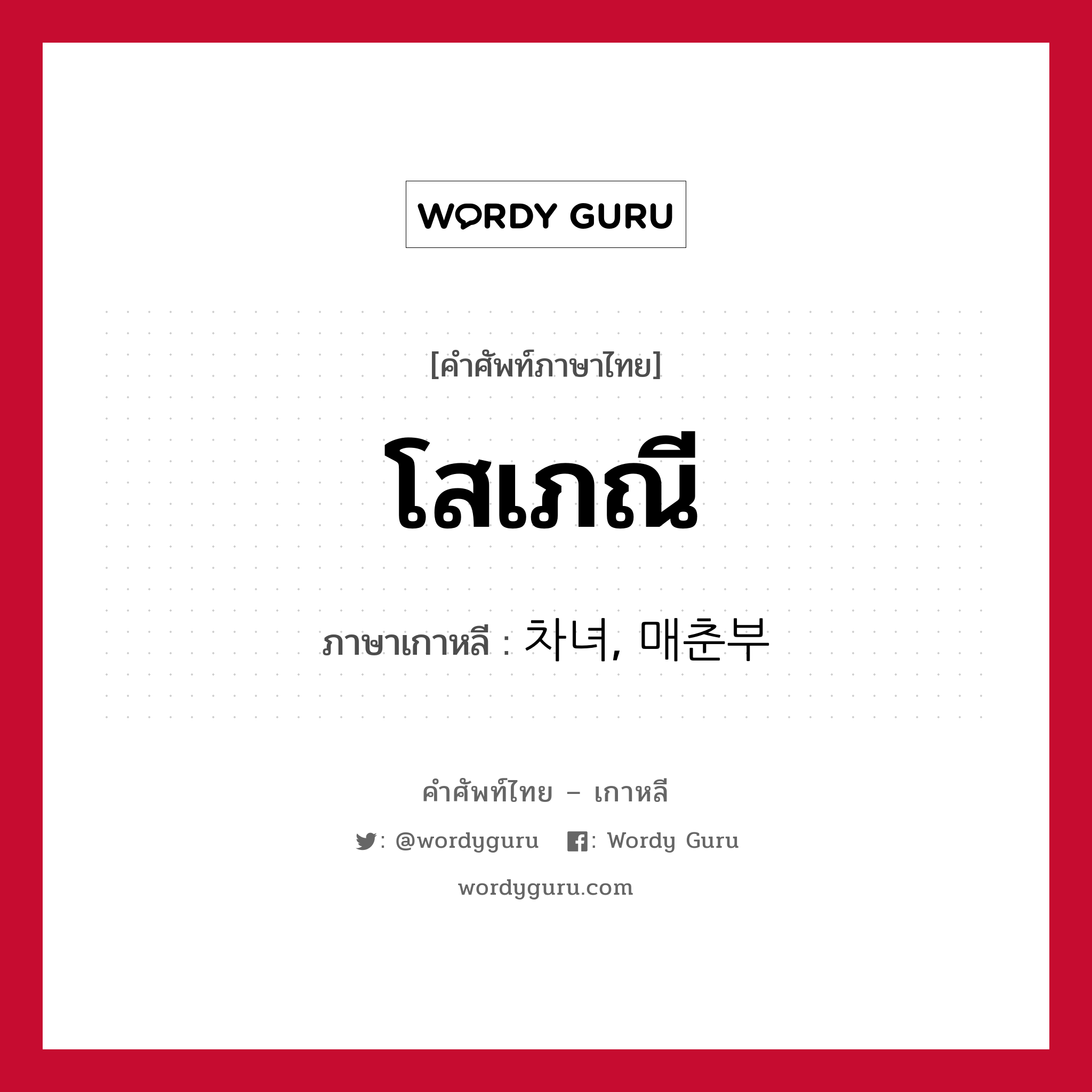 โสเภณี ภาษาเกาหลีคืออะไร, คำศัพท์ภาษาไทย - เกาหลี โสเภณี ภาษาเกาหลี 차녀, 매춘부