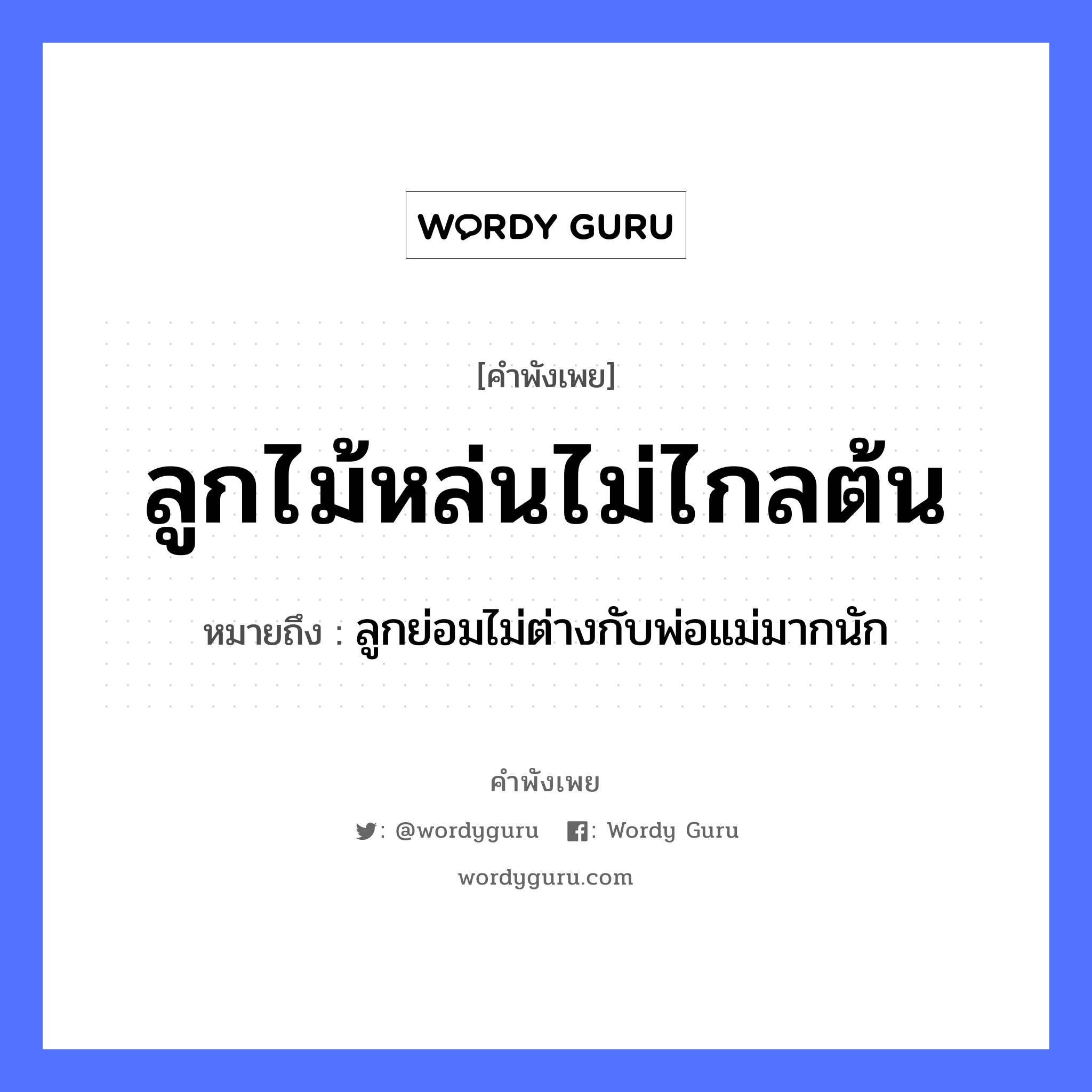 ลูกไม้หล่นไม่ไกลต้น ความหมายคือ?, คำพังเพย ลูกไม้หล่นไม่ไกลต้น หมายถึง ลูกย่อมไม่ต่างกับพ่อแม่มากนัก ครอบครัว ลูก, พ่อ, แม่ ธรรมชาติ ไม้