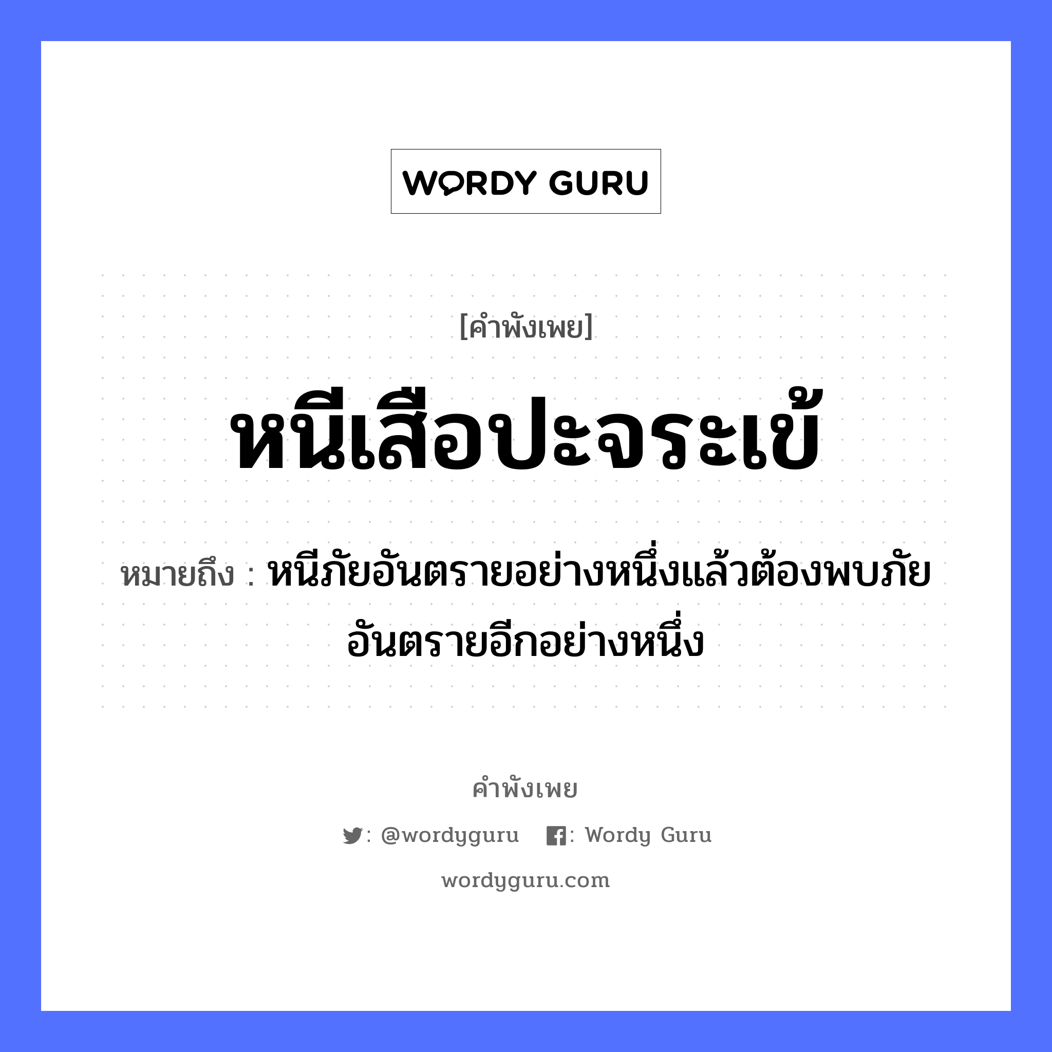 หนีเสือปะจระเข้ ความหมายคืออะไร ใช้ยังไง, สํานวนสุภาษิต หนีเสือปะจระเข้ หมายถึง หนีภัยอันตรายอย่างหนึ่งแล้วต้องพบภัยอันตรายอีกอย่างหนึ่ง สัตว์ เสือ