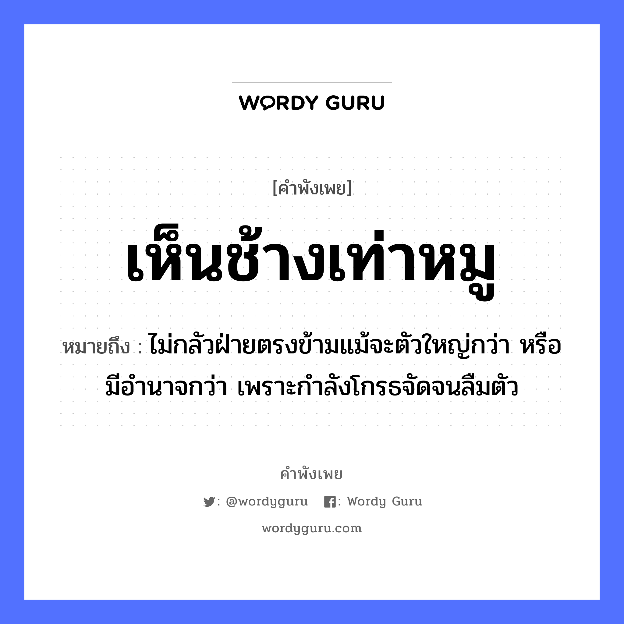 เห็นช้างเท่าหมู ความหมายคือ?, คำพังเพย เห็นช้างเท่าหมู หมายถึง ไม่กลัวฝ่ายตรงข้ามแม้จะตัวใหญ่กว่า หรือมีอำนาจกว่า เพราะกำลังโกรธจัดจนลืมตัว อวัยวะ ตัว สัตว์ ช้าง, หมู