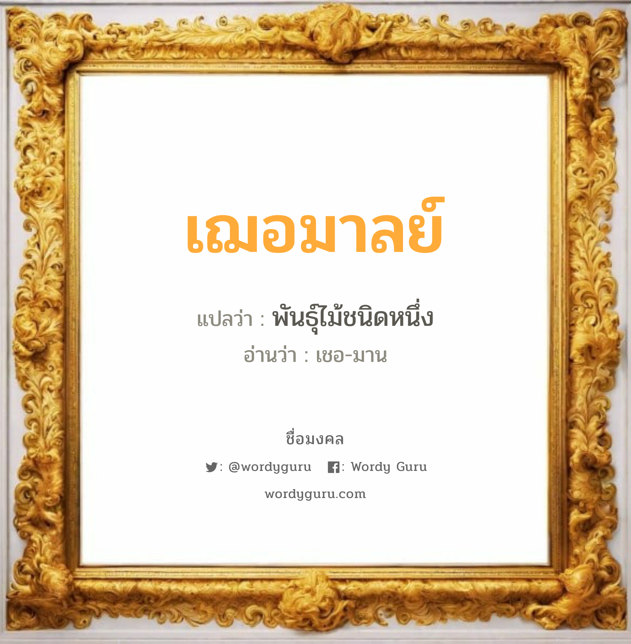 เฌอมาลย์ แปลว่า? วิเคราะห์ชื่อ เฌอมาลย์, ชื่อมงคล เฌอมาลย์ แปลว่า พันธุ์ไม้ชนิดหนึ่ง อ่านว่า เชอ-มาน เพศ เหมาะกับ ผู้หญิง, ลูกสาว หมวด วันมงคล วันอังคาร, วันพฤหัสบดี, วันเสาร์, วันอาทิตย์