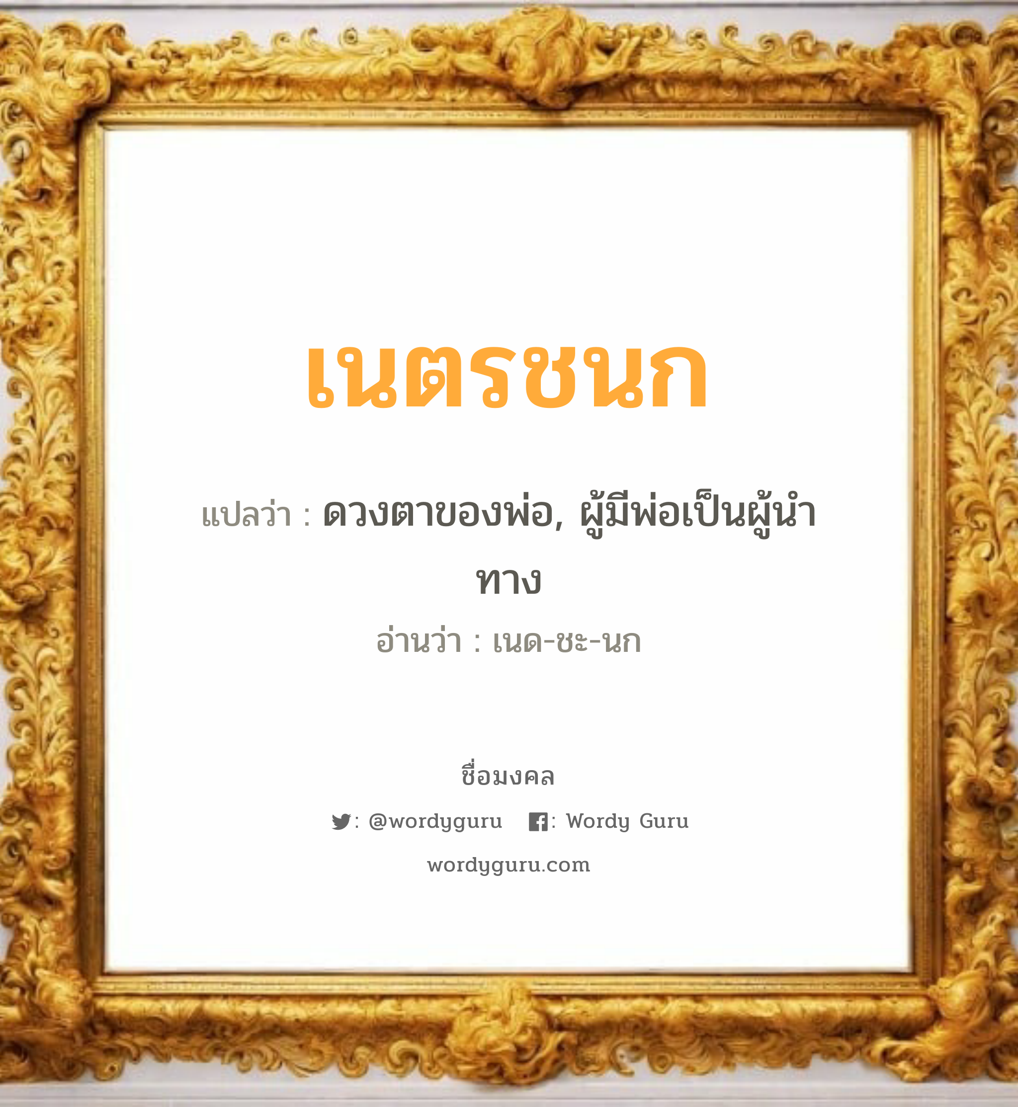 เนตรชนก แปลว่า? เกิดวันพุธกลางคืน, ดวงตาของพ่อ, ผู้มีพ่อเป็นผู้นำทาง เนด-ชะ-นก เพศ เหมาะกับ ผู้หญิง, ลูกสาว หมวด วันมงคล วันพุธกลางคืน, วันเสาร์, วันอาทิตย์