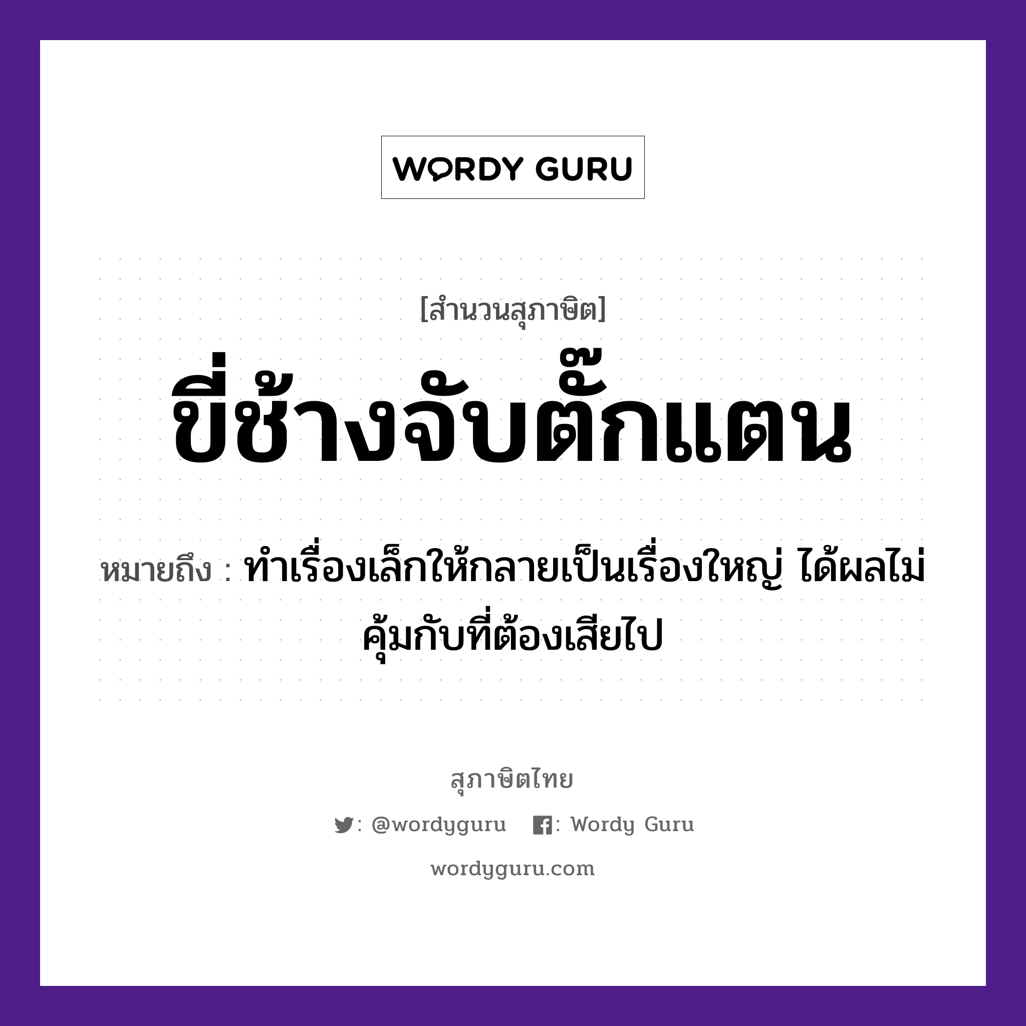 คำพังเพย: ขี่ช้างจับตั๊กแตน หมายถึงอะไร?, หมายถึง ทำเรื่องเล็กให้กลายเป็นเรื่องใหญ่ ได้ผลไม่คุ้มกับที่ต้องเสียไป สัตว์ ช้าง คำกริยา จับ