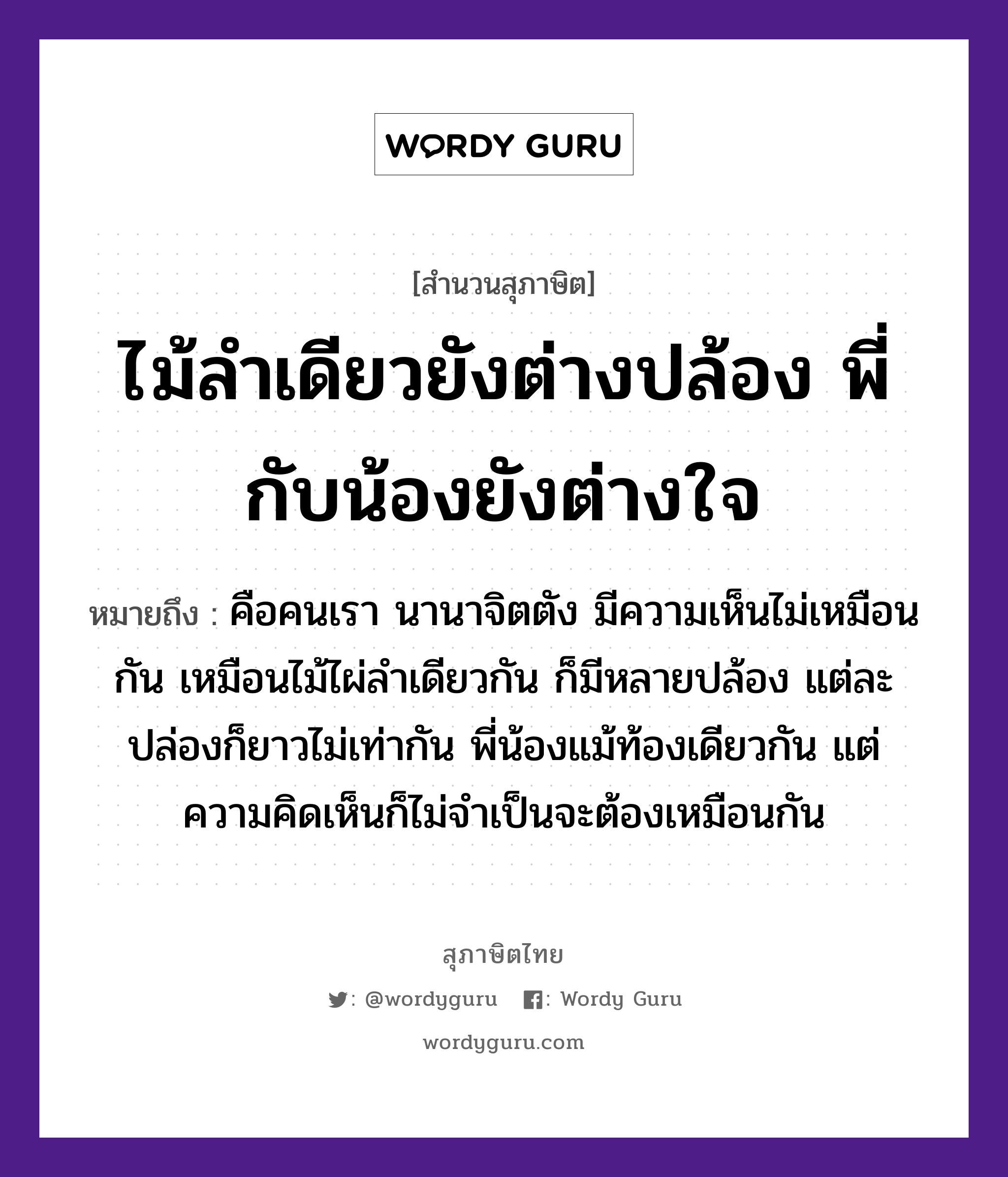 ไม้ลำเดียวยังต่างปล้อง พี่กับน้องยังต่างใจ ความหมายคืออะไร ใช้ยังไง, สํานวนสุภาษิต ไม้ลำเดียวยังต่างปล้อง พี่กับน้องยังต่างใจ หมายถึง คือคนเรา นานาจิตตัง มีความเห็นไม่เหมือนกัน เหมือนไม้ไผ่ลำเดียวกัน ก็มีหลายปล้อง แต่ละปล่องก็ยาวไม่เท่ากัน พี่น้องแม้ท้องเดียวกัน แต่ความคิดเห็นก็ไม่จำเป็นจะต้องเหมือนกัน คำนาม คน อวัยวะ ใจ ครอบครัว พี่, น้อง ธรรมชาติ ไม้