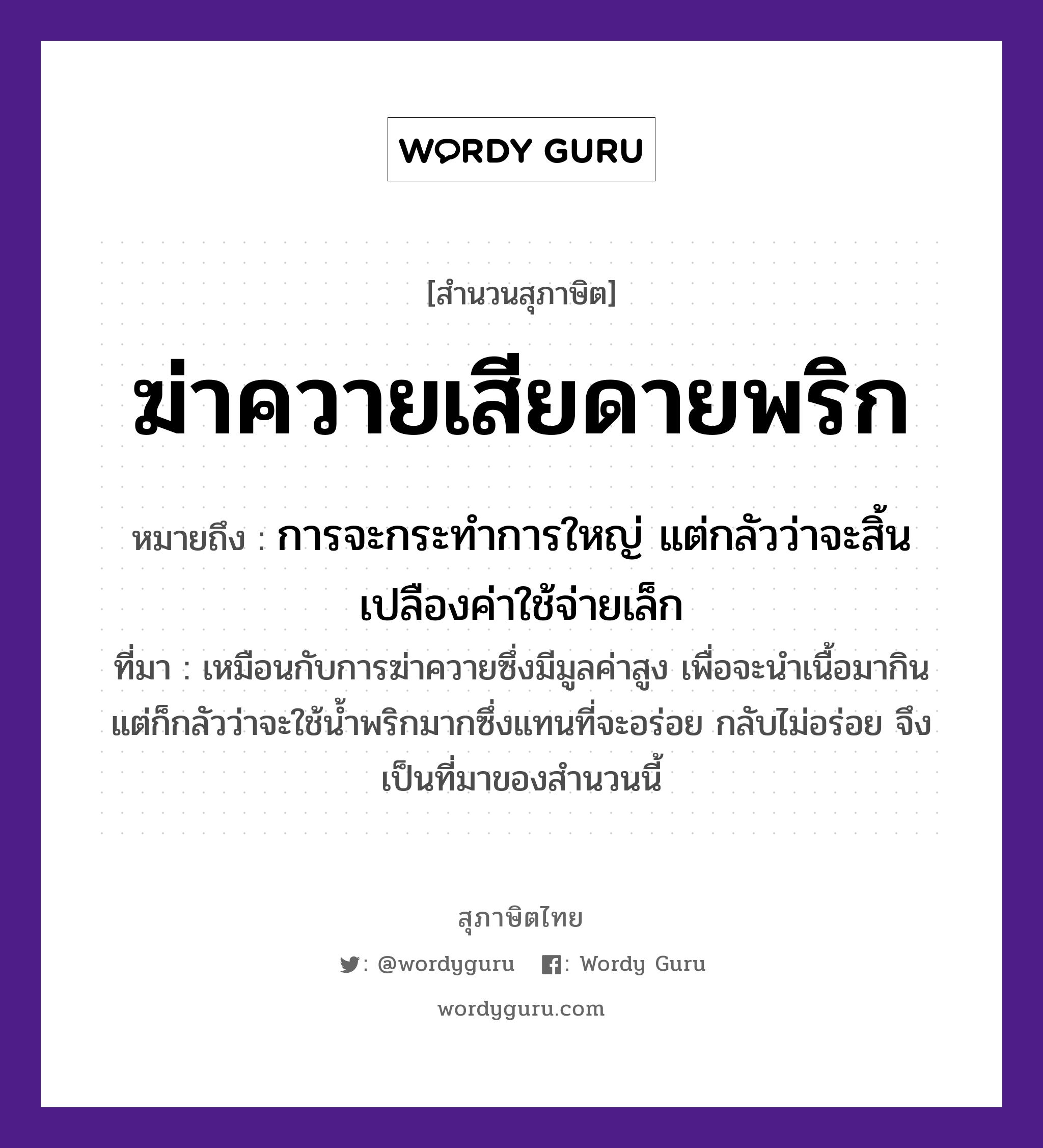 ฆ่าควายเสียดายพริก ความหมายคืออะไร ใช้ยังไง, สํานวนสุภาษิต ฆ่าควายเสียดายพริก หมายถึง การจะกระทำการใหญ่ แต่กลัวว่าจะสิ้นเปลืองค่าใช้จ่ายเล็ก ที่มา เหมือนกับการฆ่าควายซึ่งมีมูลค่าสูง เพื่อจะนำเนื้อมากิน แต่ก็กลัวว่าจะใช้น้ำพริกมากซึ่งแทนที่จะอร่อย กลับไม่อร่อย จึงเป็นที่มาของสำนวนนี้ อาหาร พริก คำกริยา ฆ่า