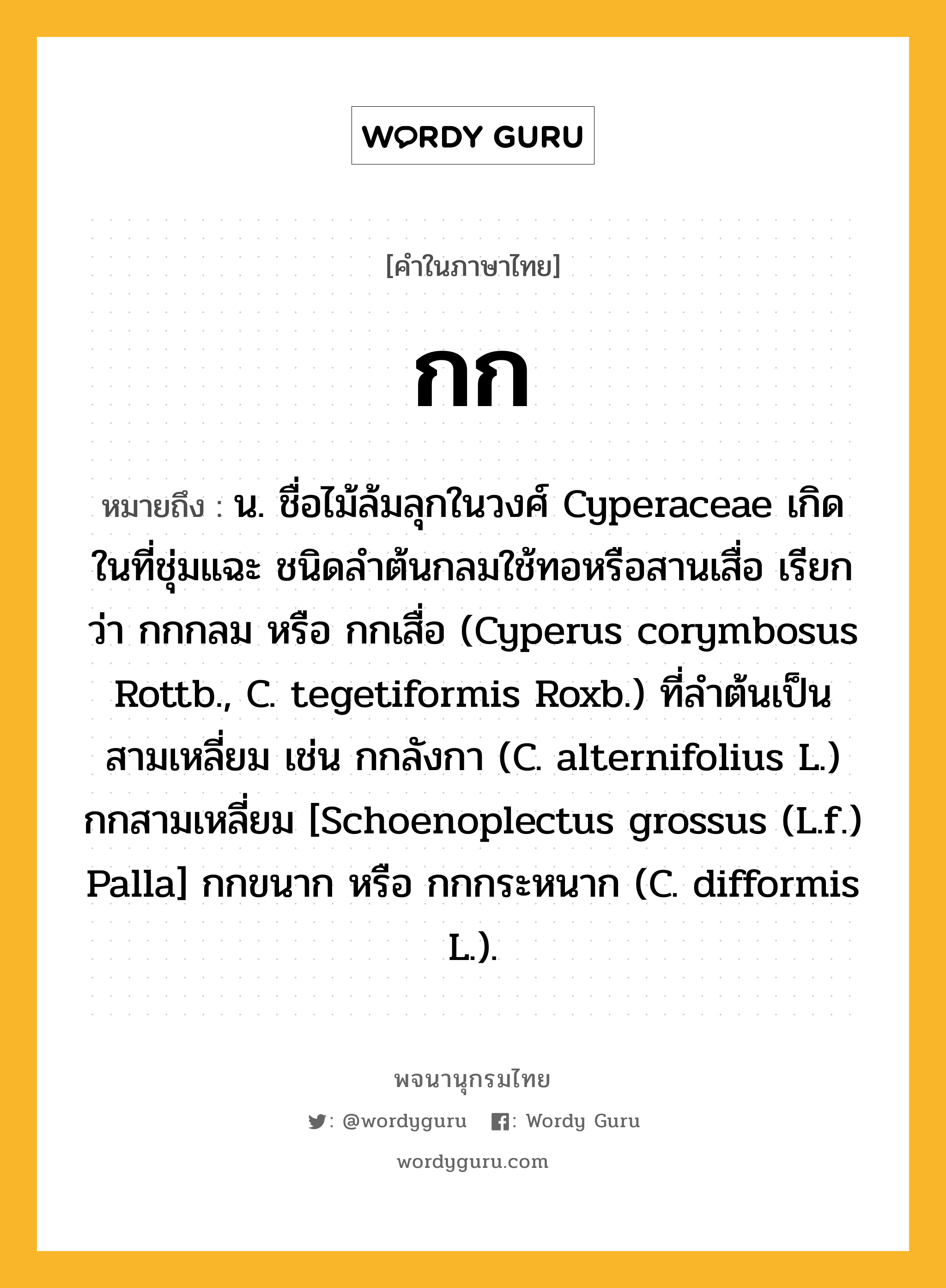 กก หมายถึงอะไร?, คำในภาษาไทย กก หมายถึง น. ชื่อไม้ล้มลุกในวงศ์ Cyperaceae เกิดในที่ชุ่มแฉะ ชนิดลําต้นกลมใช้ทอหรือสานเสื่อ เรียกว่า กกกลม หรือ กกเสื่อ (Cyperus corymbosus Rottb., C. tegetiformis Roxb.) ที่ลําต้นเป็นสามเหลี่ยม เช่น กกลังกา (C. alternifolius L.) กกสามเหลี่ยม [Schoenoplectus grossus (L.f.) Palla] กกขนาก หรือ กกกระหนาก (C. difformis L.).