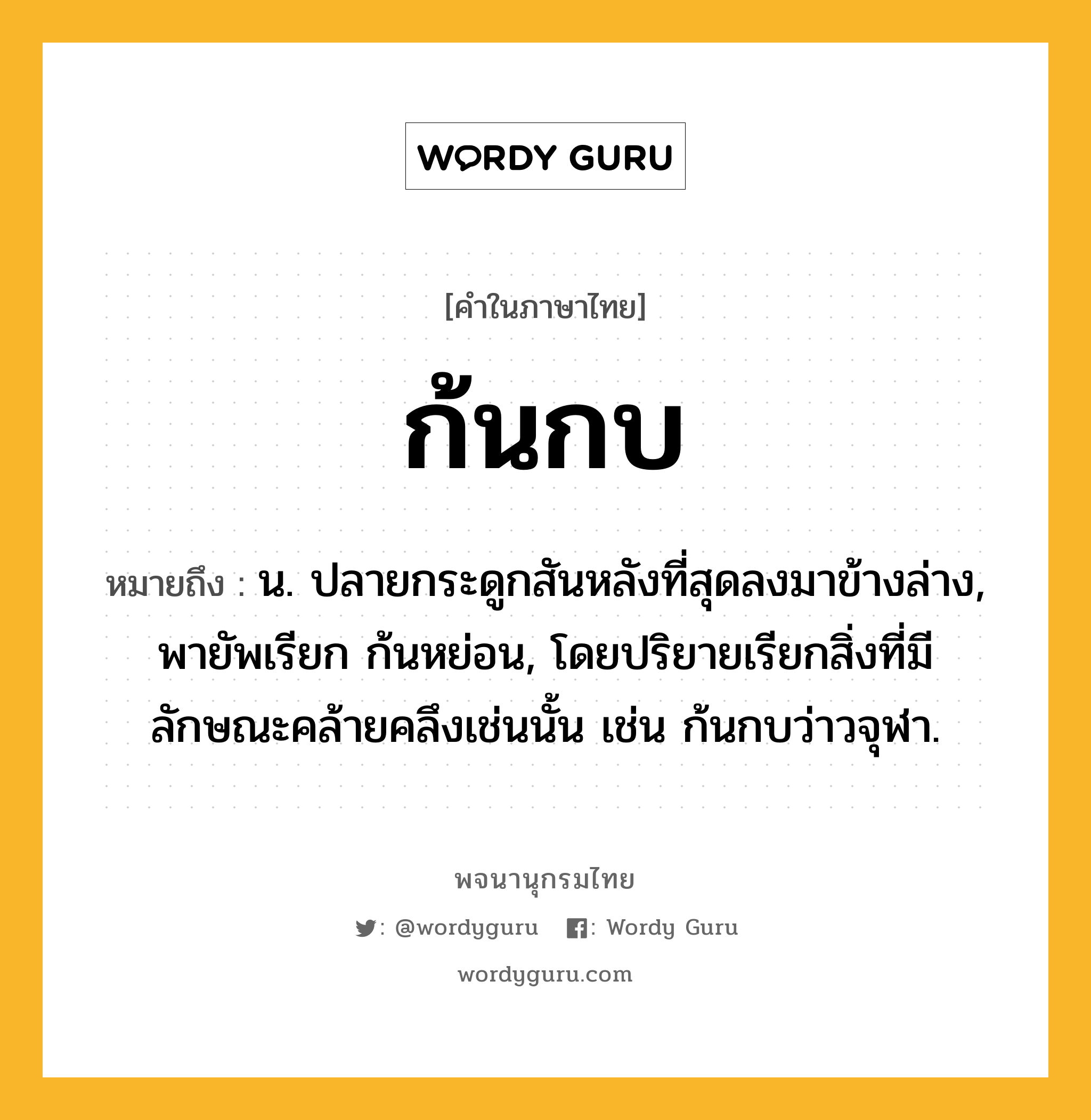 ก้นกบ หมายถึงอะไร?, คำในภาษาไทย ก้นกบ หมายถึง น. ปลายกระดูกสันหลังที่สุดลงมาข้างล่าง, พายัพเรียก ก้นหย่อน, โดยปริยายเรียกสิ่งที่มีลักษณะคล้ายคลึงเช่นนั้น เช่น ก้นกบว่าวจุฬา.